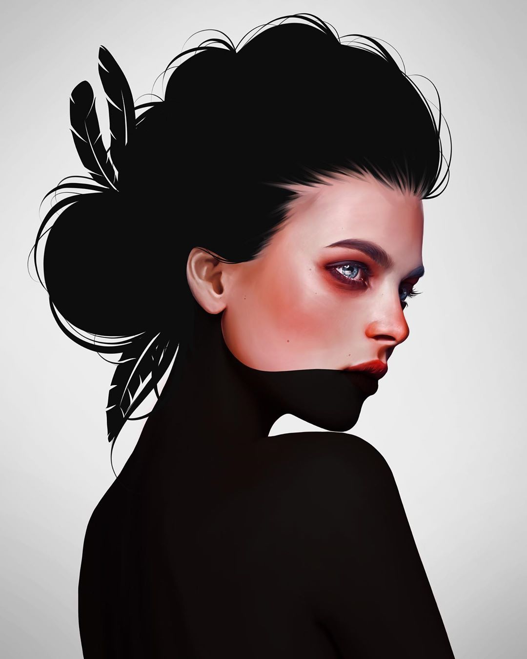 General 1080x1350 digital art women model simple background looking away black hair makeup portrait