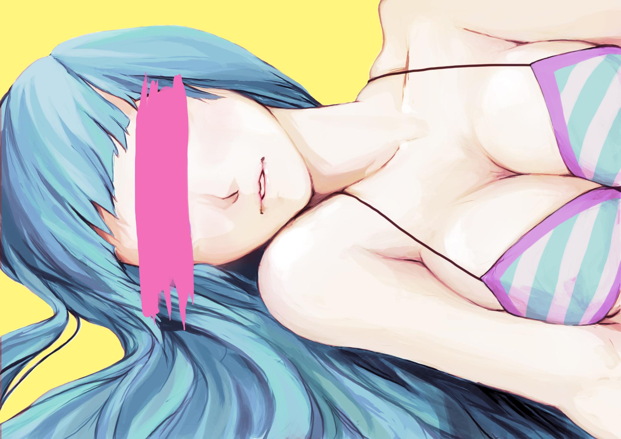Anime 2048x1448 ME! ME! ME! TeddyLoid striped bikini censored cleavage bare shoulders anime girls long hair cyan hair lying on side looking at viewer hair in face blunt bangs ecchi anime 2D fan art simple background parted lips eyes hidden