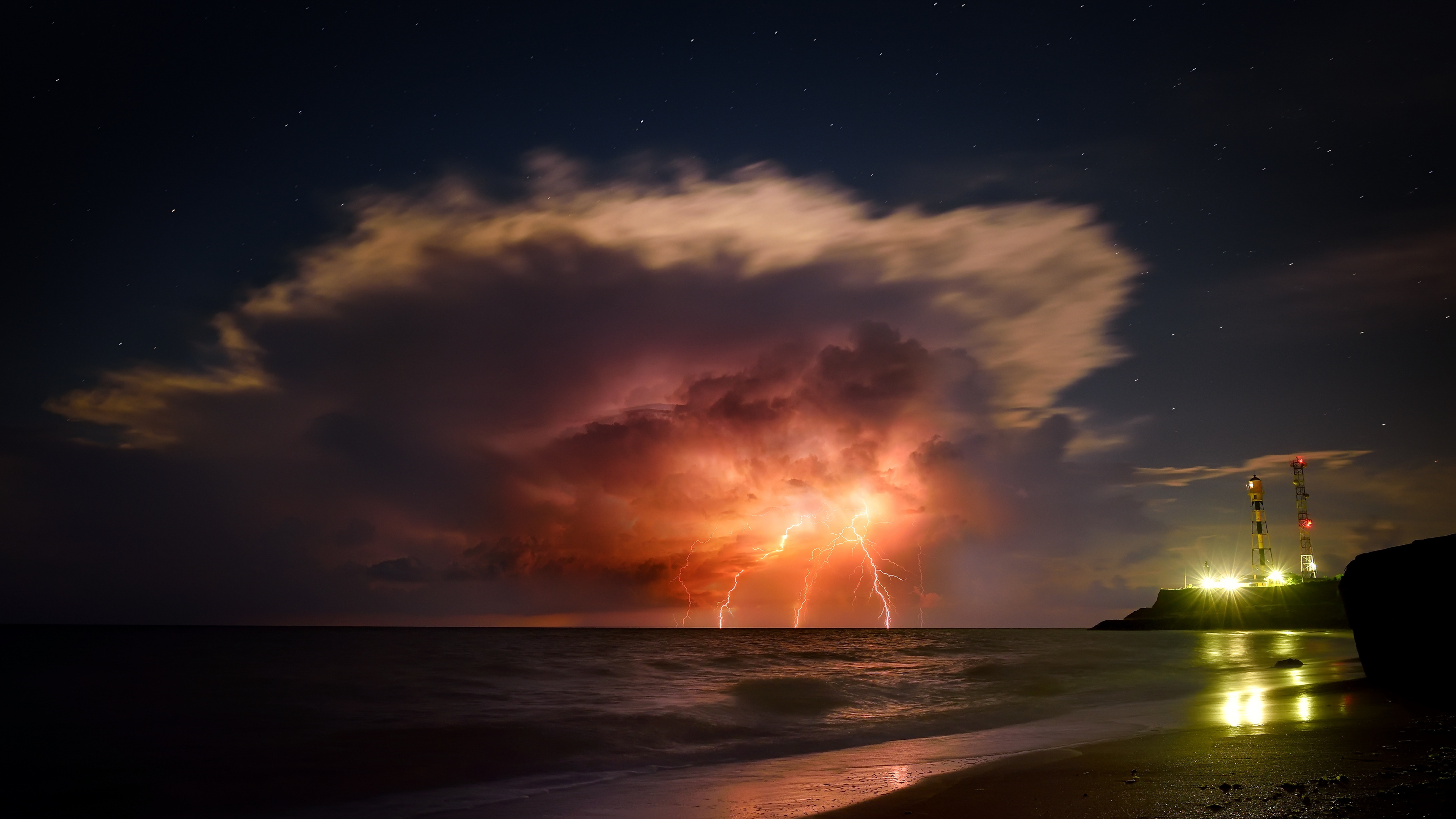 General 3840x2160 storm lightning night starry night beach sky horizon clouds nature long exposure timelapse sea