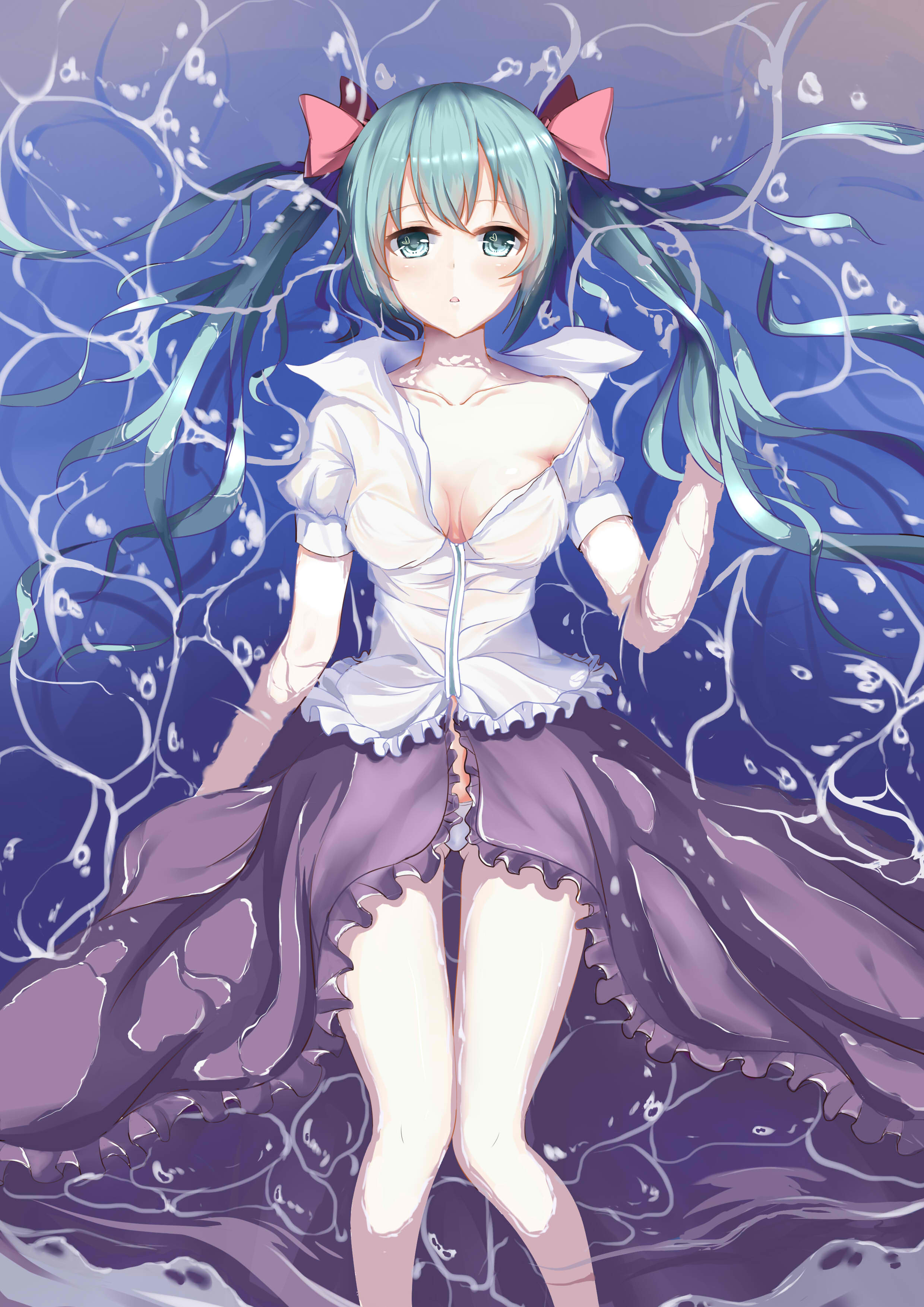 Anime 2480x3507 anime girls Yiyu Qing Mang Vocaloid Hatsune Miku wet clothing see-through clothing twintails cleavage