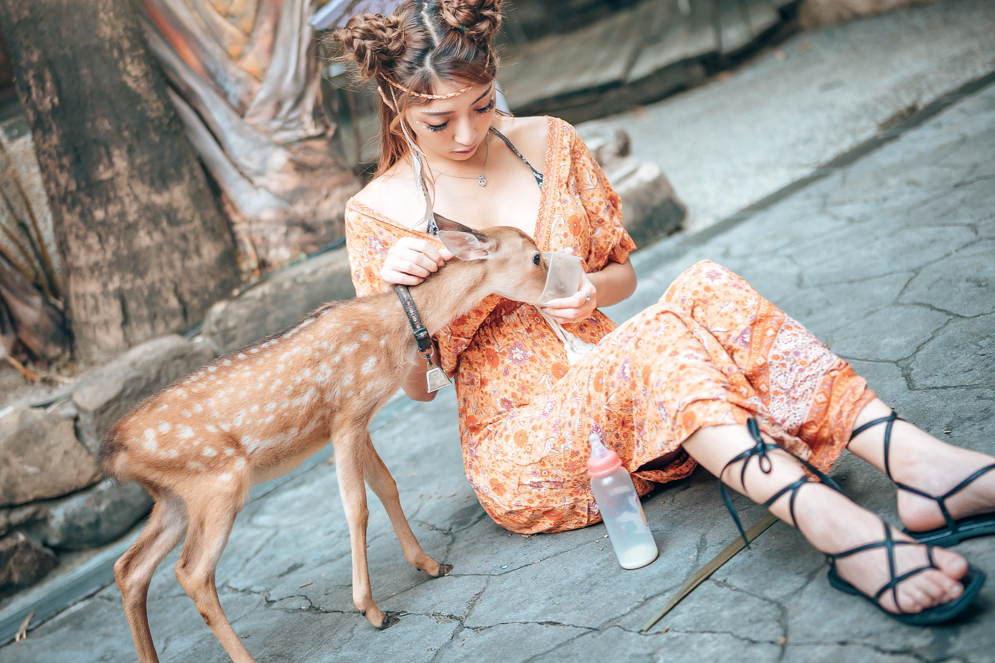 People 2048x1365 animals mammals deer women model Asian food sitting women outdoors outdoors necklace dress orange dress Nara Park feet