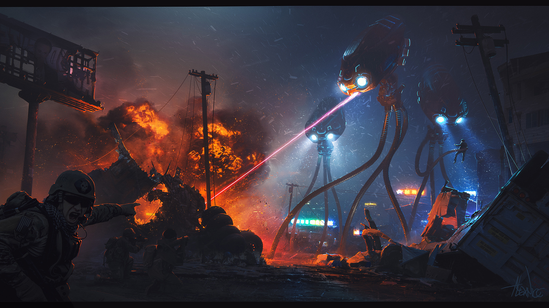 General 1920x1080 science fiction fire laser lights soldier digital art tripod War of the Worlds H. G. Wells