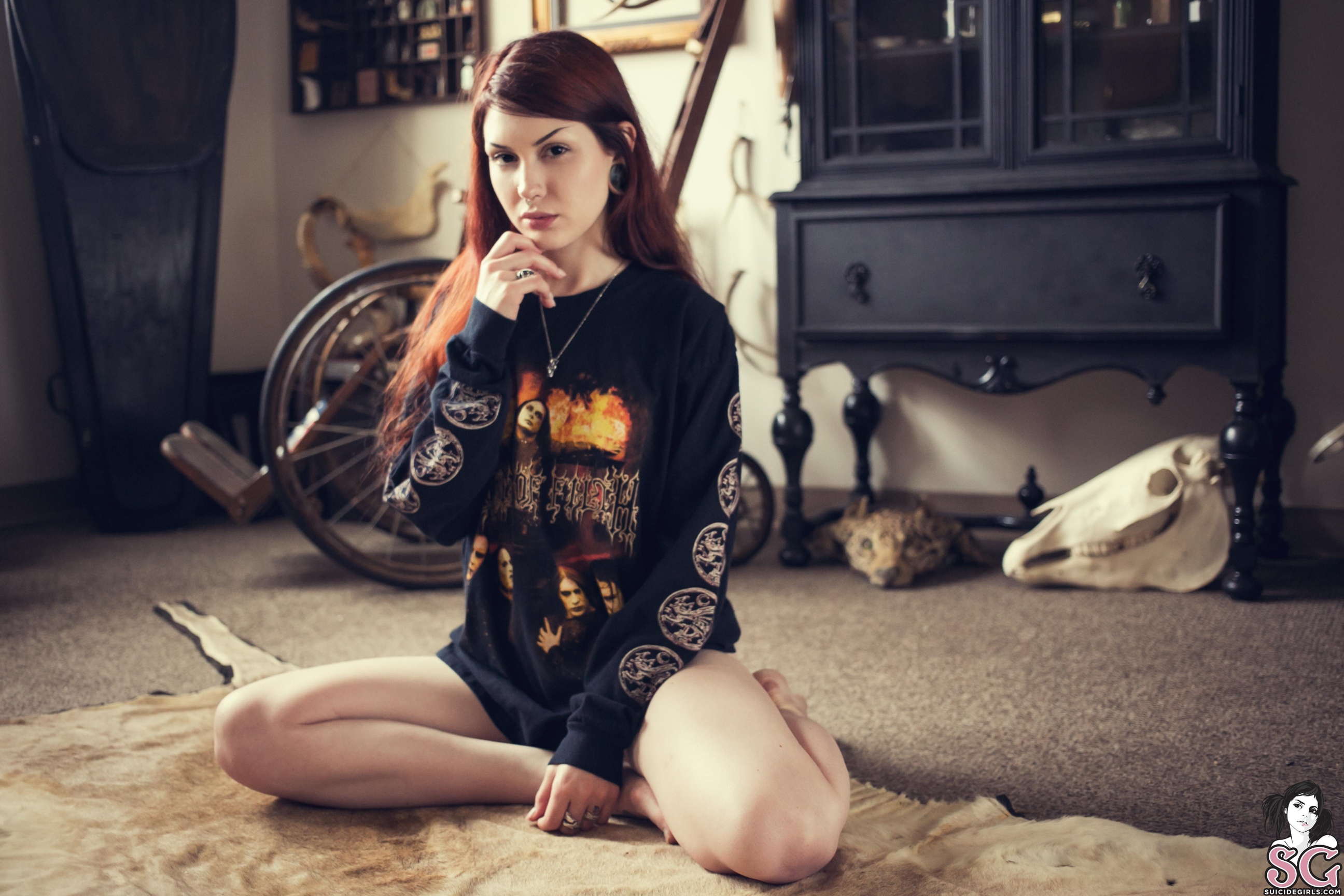 People 2592x1728 Ashley Holat Suicide Girls model women necklace redhead on the floor looking at viewer dyed hair