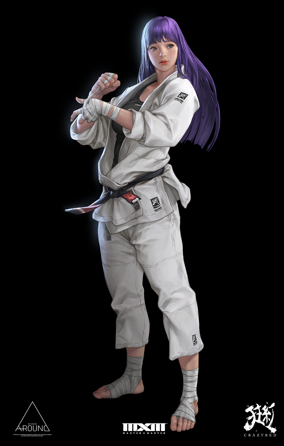 General 957x1500 women artwork purple hair warrior long hair standing simple background black background Shim Jae-Woo