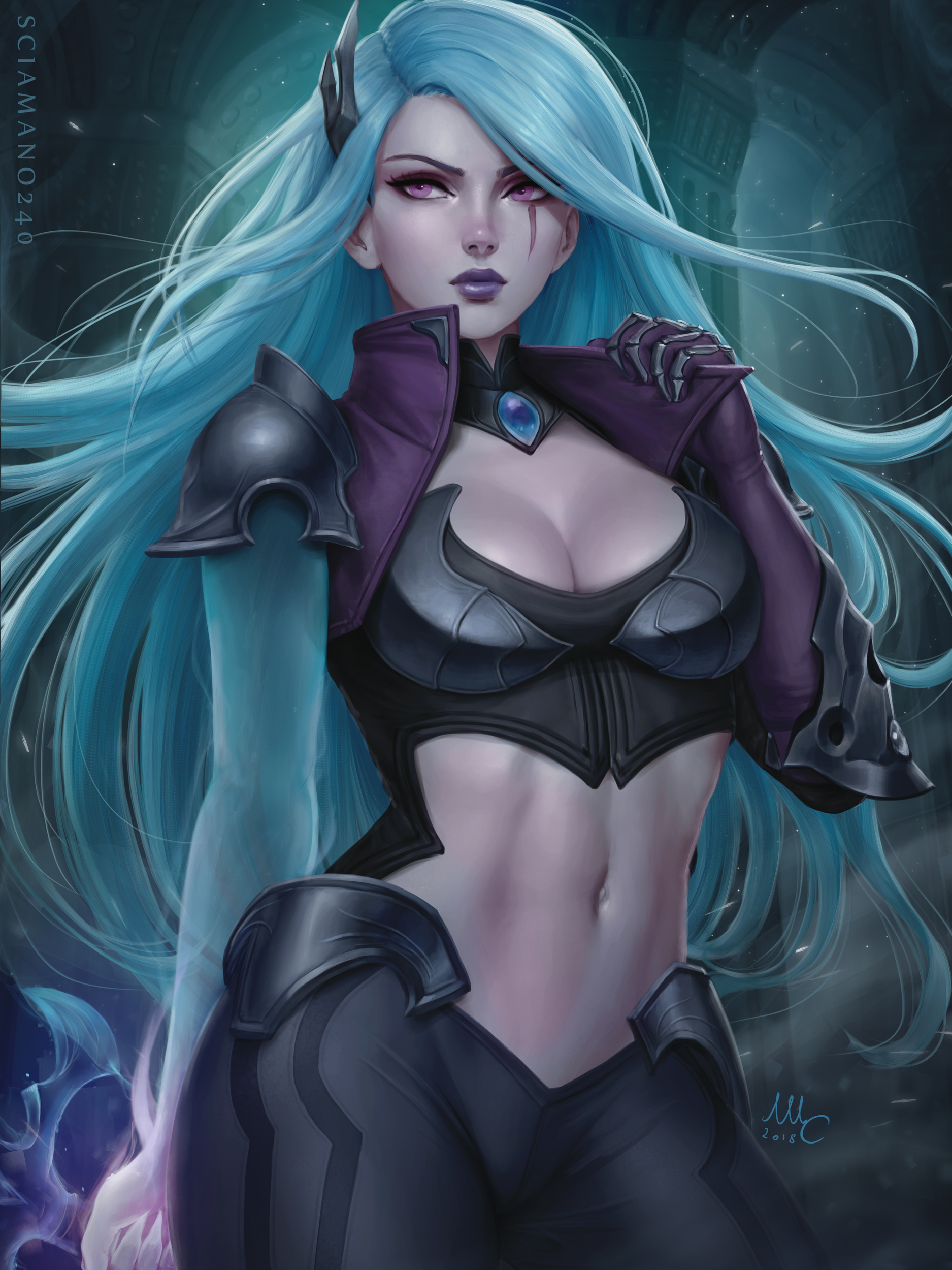 General 1875x2500 Katarina (League of Legends) League of Legends video game girls women blue hair long hair purple eyes eye scar looking away purple lipstick gloves cleavage belly portrait display fan art video game characters video game art artwork digital art drawing illustration realistic video games PC gaming Riot Games Mirco Cabbia