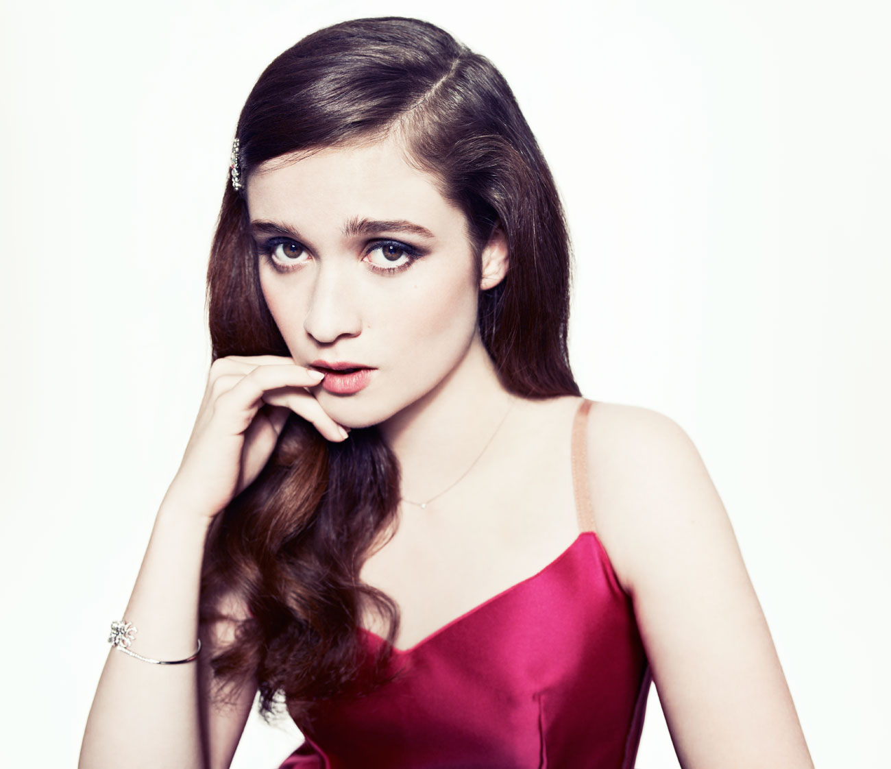 People 1300x1122 Alice Englert women actress brunette simple background white background makeup long hair