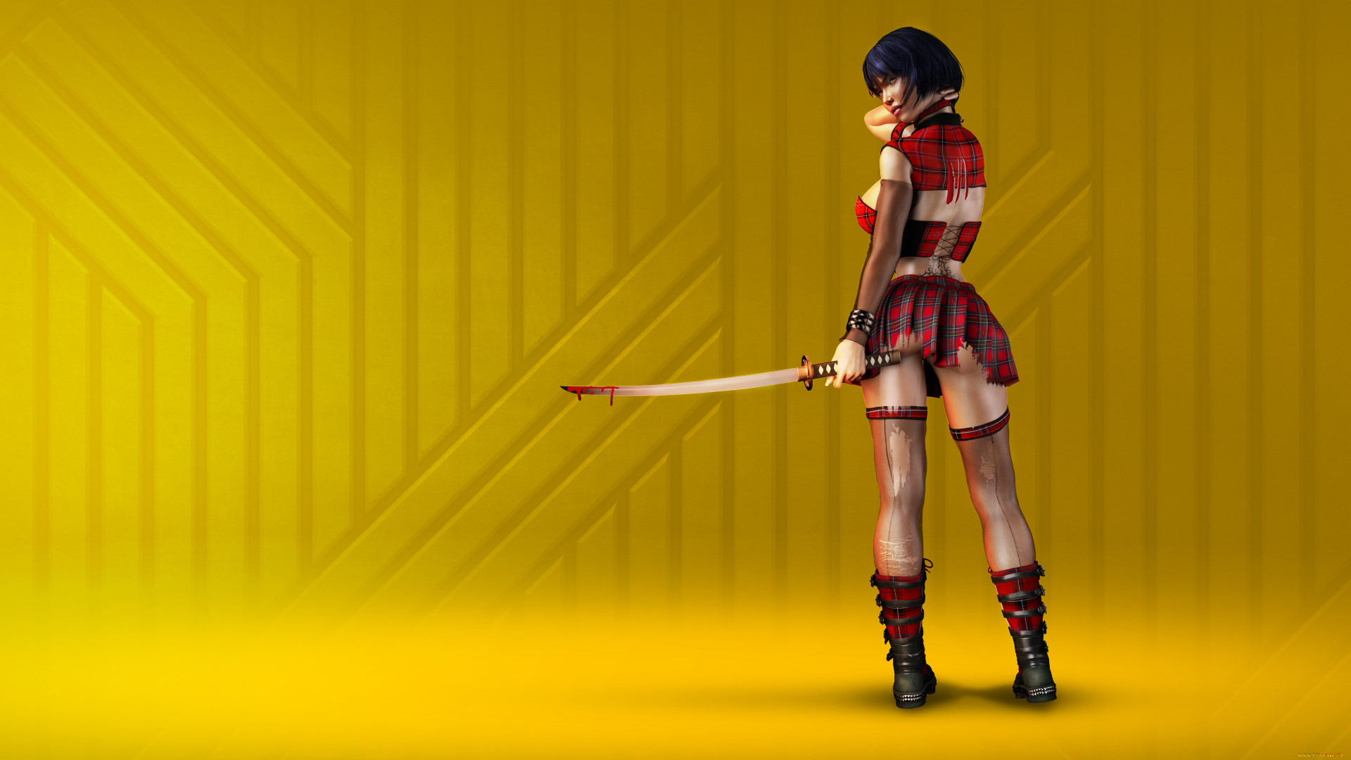 General 1920x1080 fantasy art fantasy girl miniskirt sword blood artwork yellow background dark hair women with swords