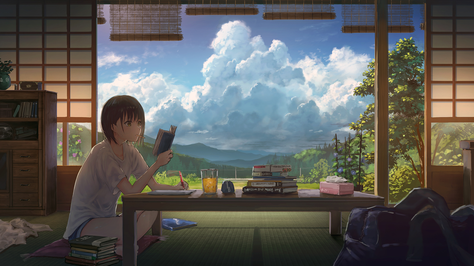 Anime 1920x1080 sky room anime anime girls reading studying black hair brown eyes landscape clouds drink table artwork moescape short hair Sugi87 original characters books interior cabinets sitting legs crossed on the floor cushions shoulder length hair wood trees tissues bag flowers cumulus