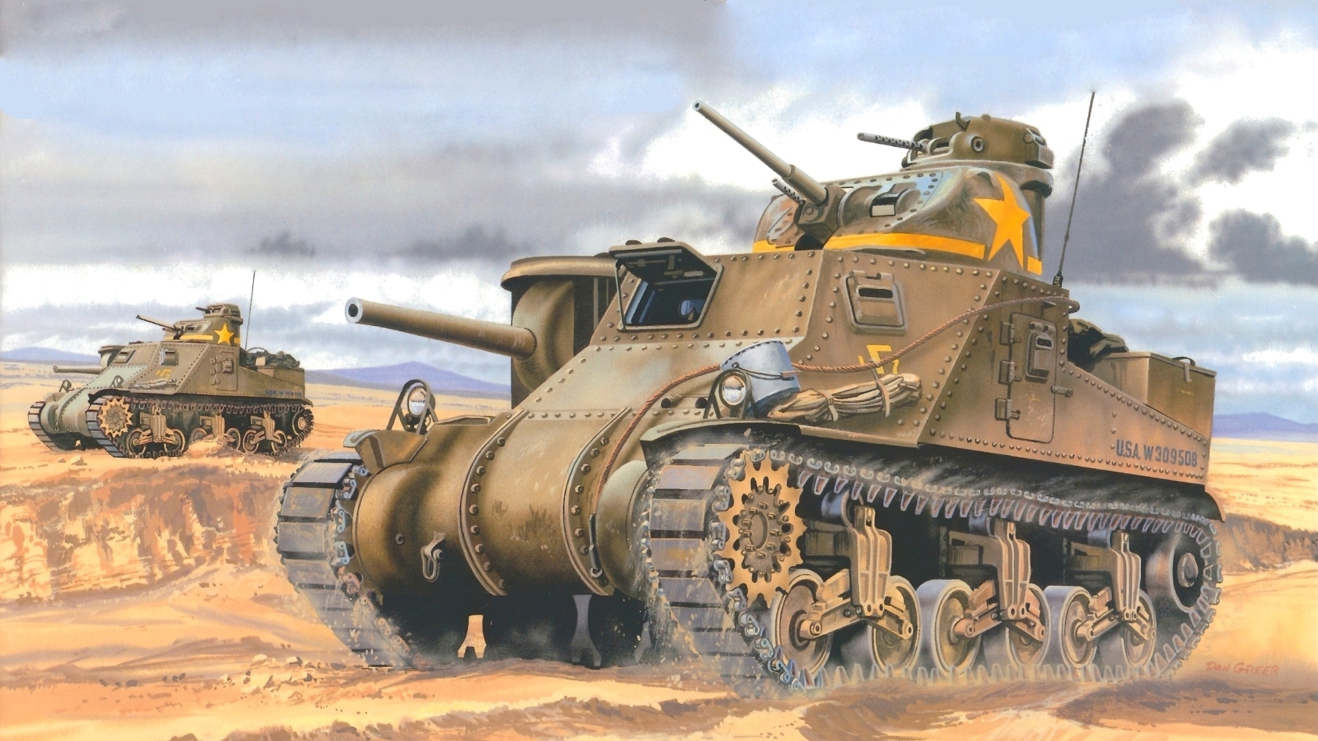 General 1920x1080 tank M3 Lee World War II Yellow Star military American tanks frontal view clouds signature sky