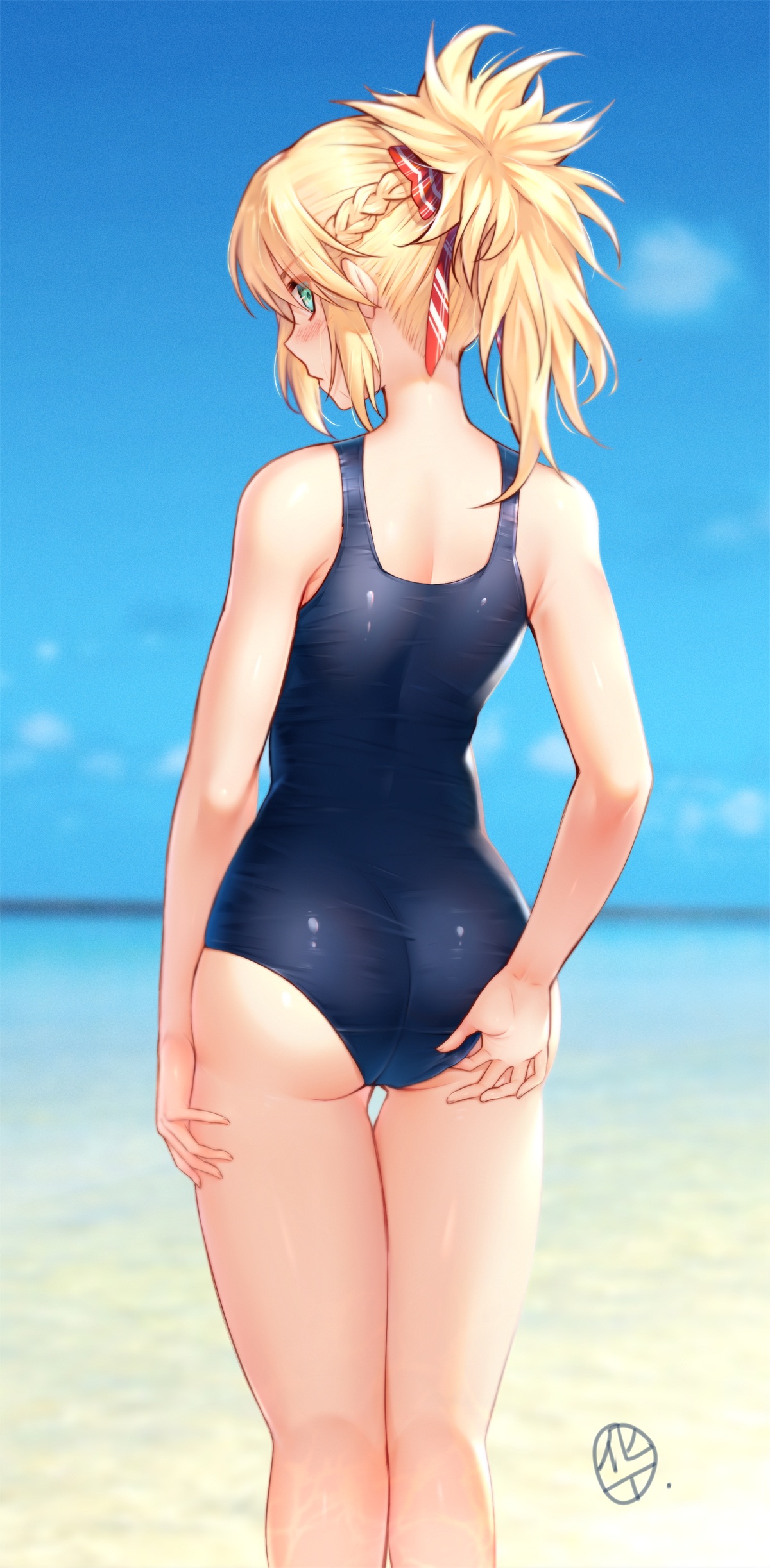 Anime 1200x2445 Fate series Fate/Apocrypha  Fate/Grand Order anime girls thighs the gap glutes school swimsuits beach clear sky portrait display blushing embarrassed bare shoulders looking back ass grab Mordred (Fate/Apocrypha) green eyes looking at viewer 2D braids thick thigh ecchi fan art ass Choukoukou no Diaosi one-piece swimsuit blonde