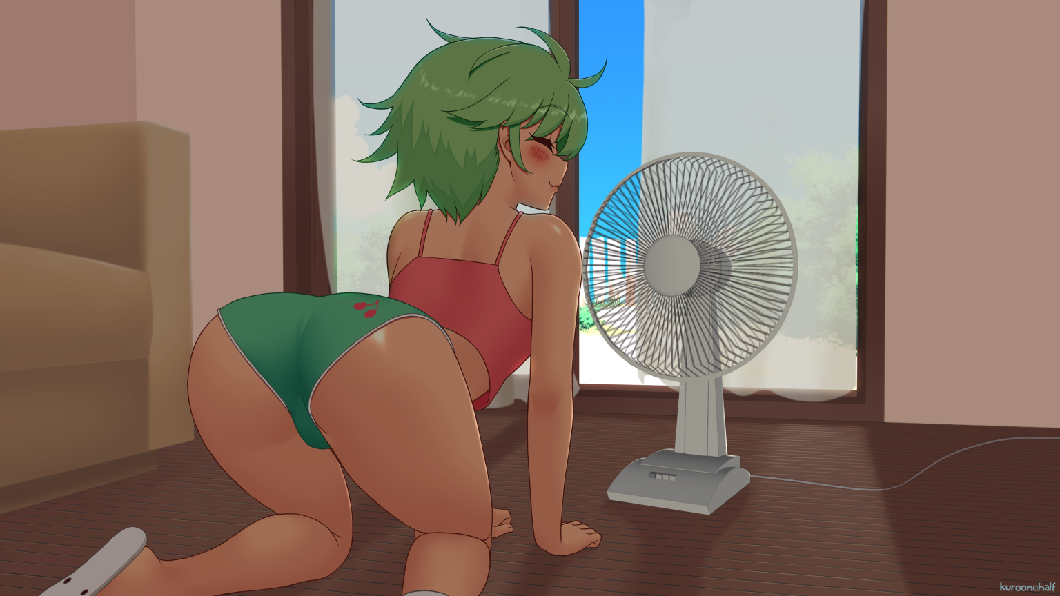 Anime 1536x864 ass green hair blushing short hair panties thighs dark skin