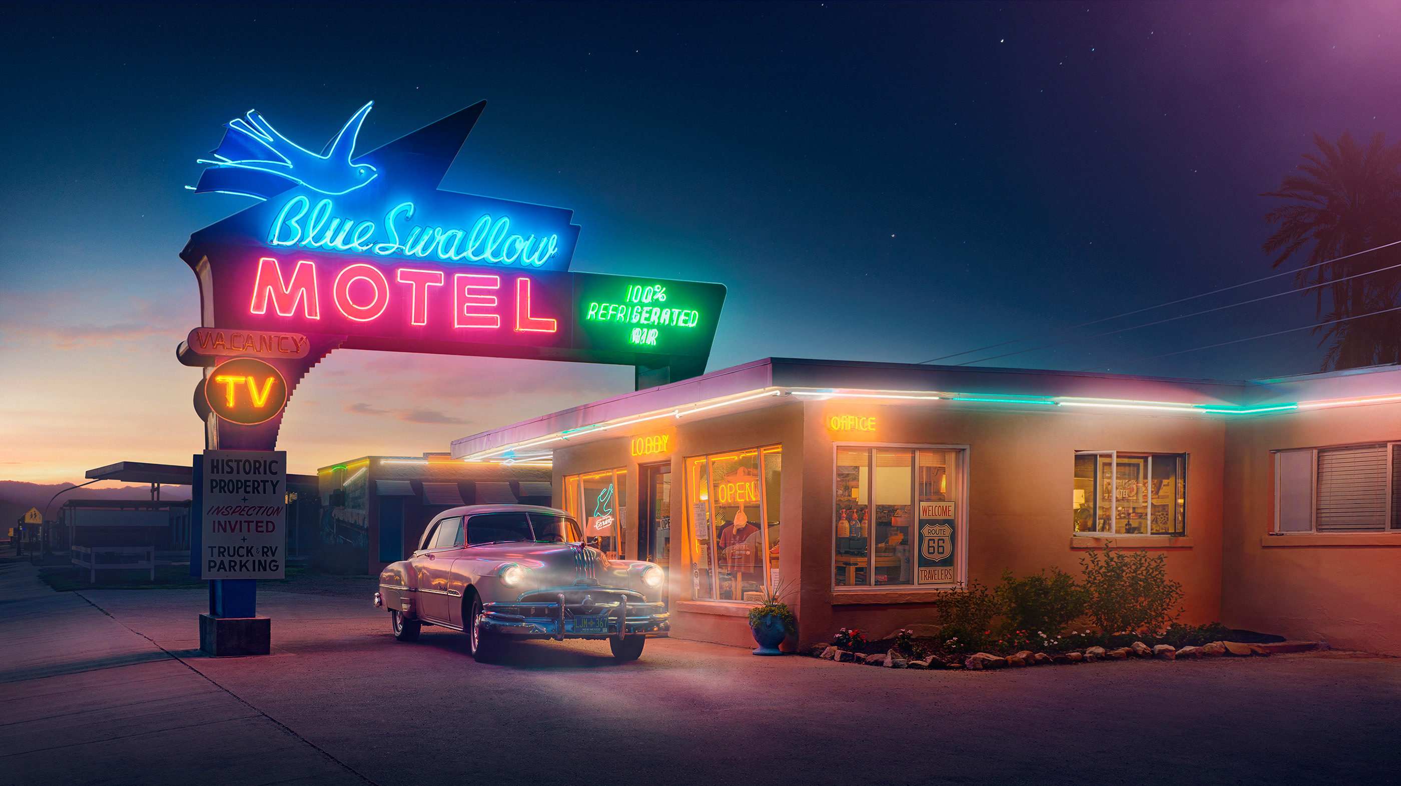 General 2800x1572 car old car neon vintage Chevrolet Chevrolet Bel Air headlight beams motel hotel starry night night