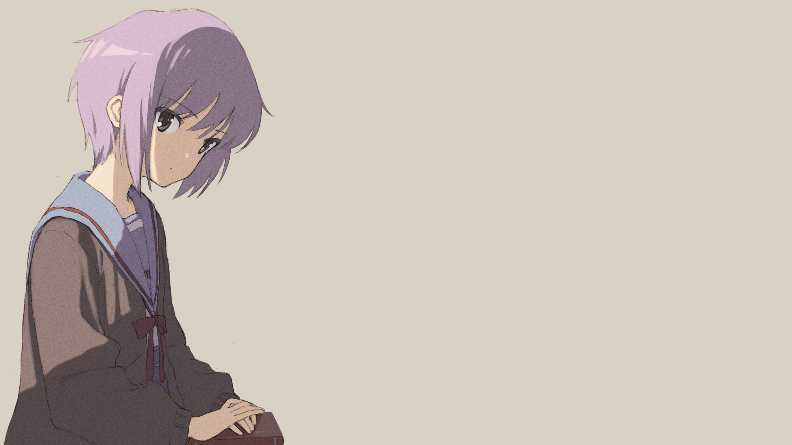 Anime 2560x1440 The Melancholy of Haruhi Suzumiya Nagato Yuki anime girls anime simple background purple hair school uniform