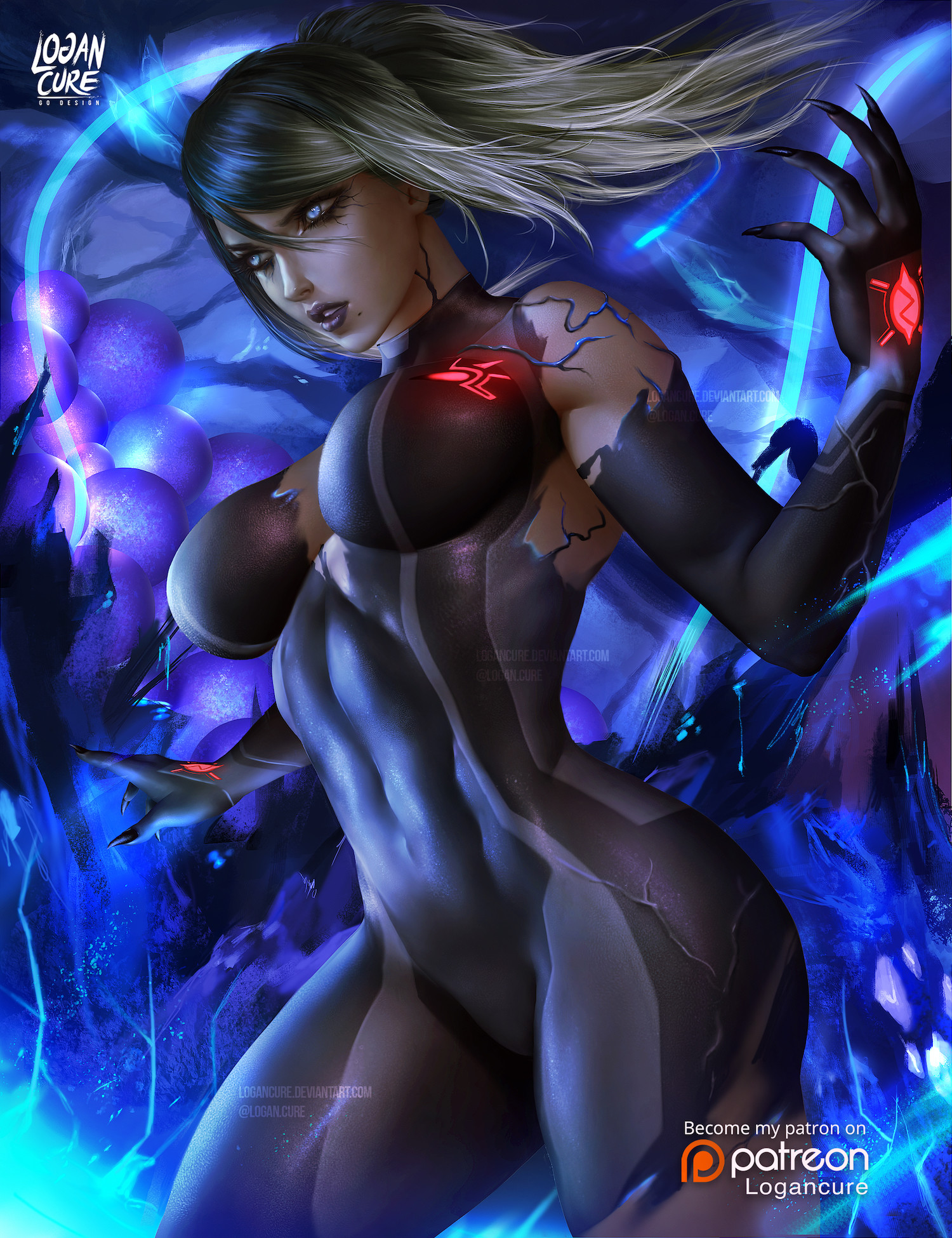 General 1500x1950 Logan Cure drawing Samus Aran Metroid Zero Suit Samus ombre hair bodysuit glowing blue eyes blue claws digital art