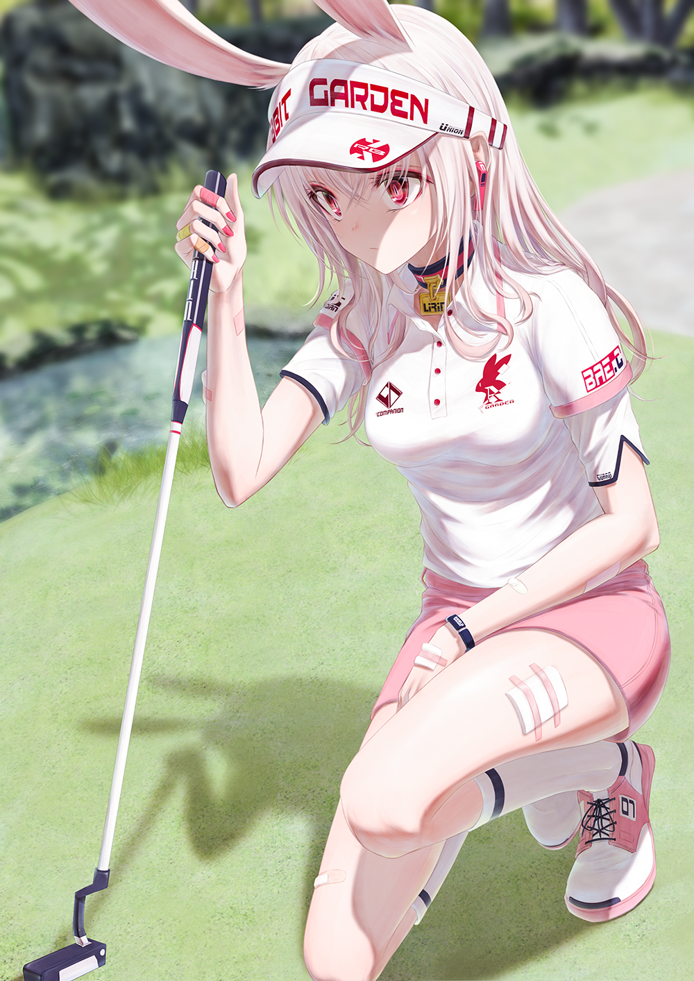 Anime 1000x1414 anime anime girls digital art artwork 2D portrait display Bae.C animal ears bunny girl silver hair red eyes golf club sportswear