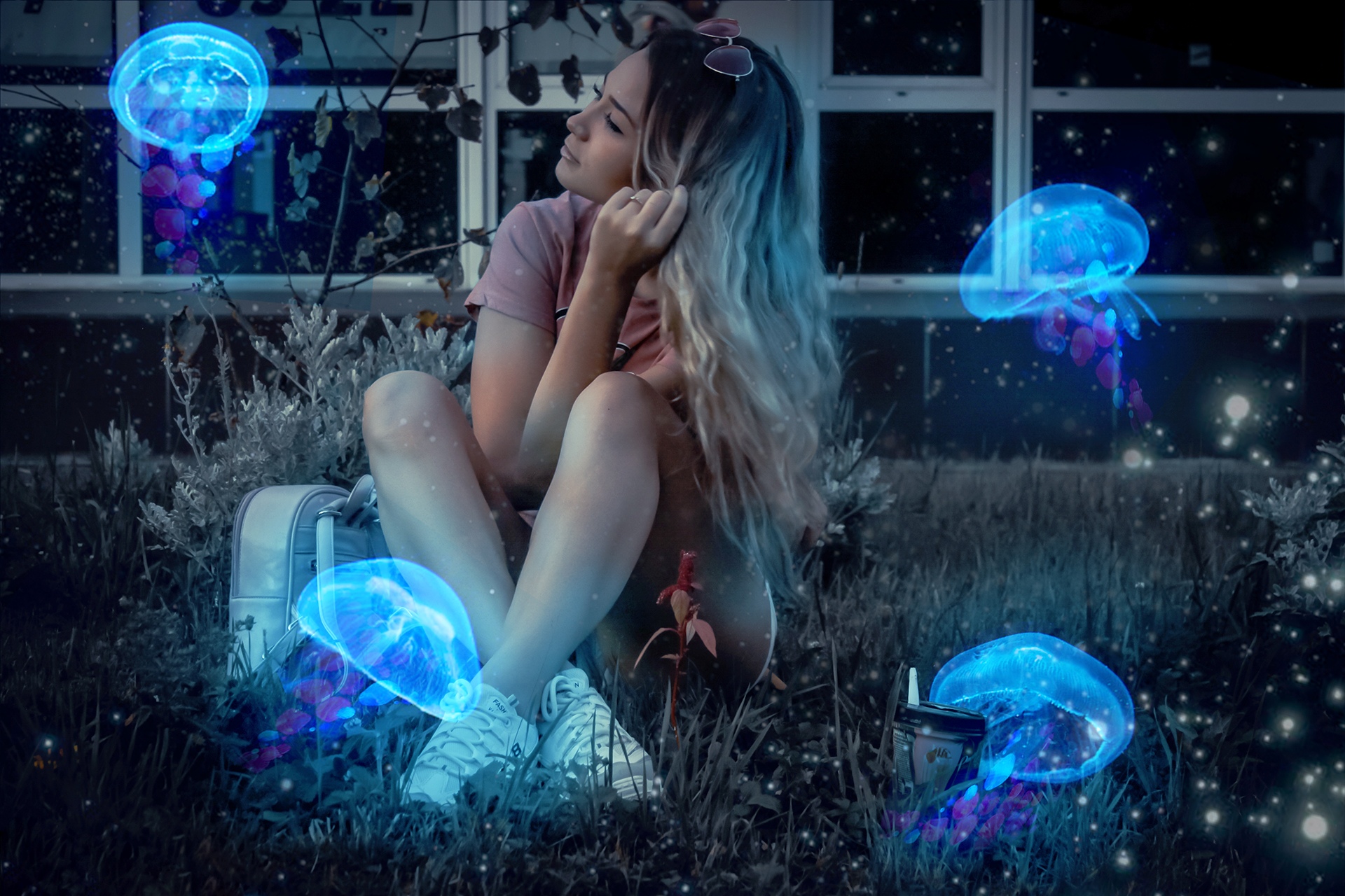 People 1920x1280 women model dyed hair sunglasses T-shirt short shorts sneakers jellyfish surreal fantasy art photo manipulation grass sitting looking away outdoors portrait women outdoors long hair