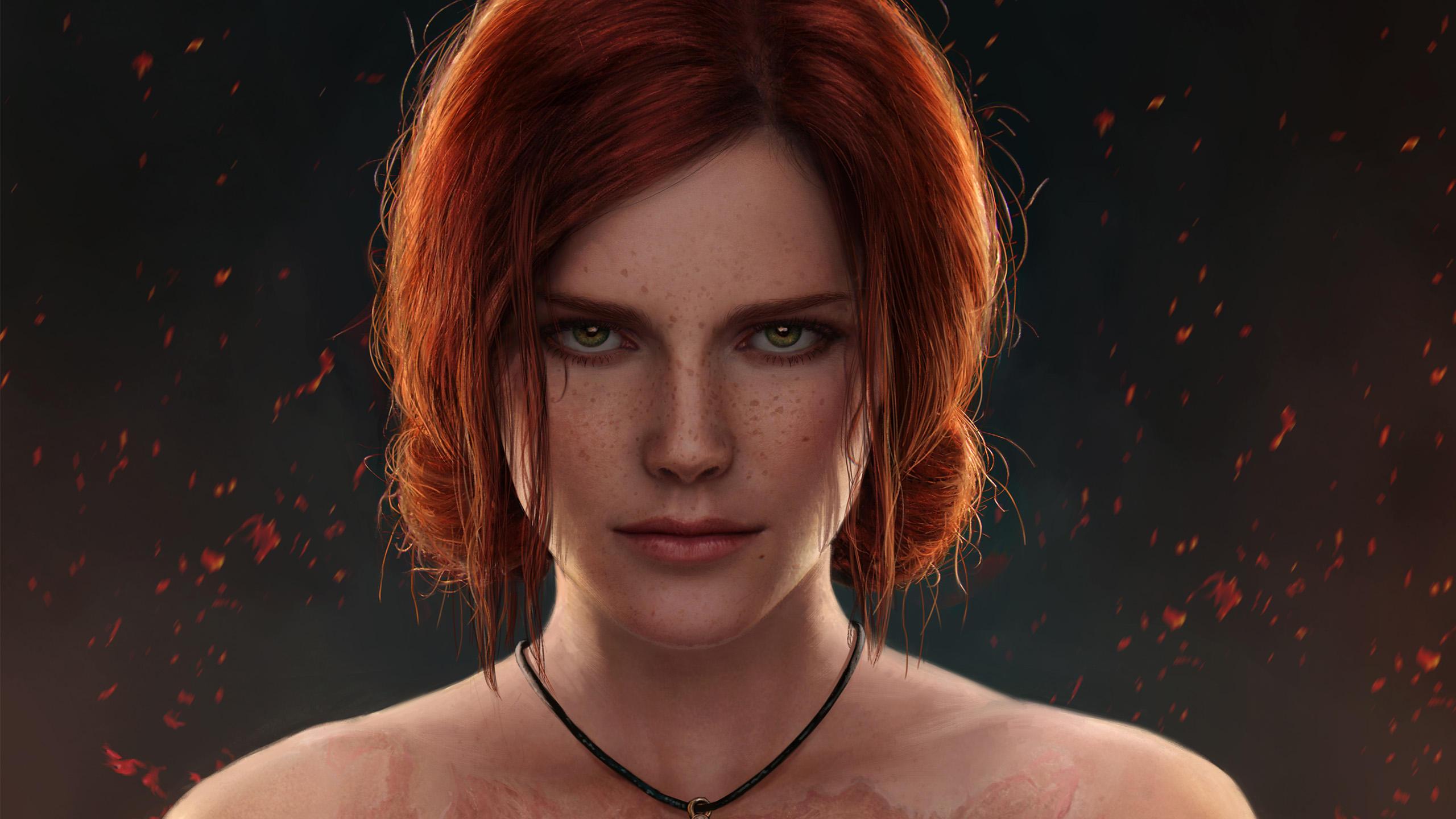 General 2560x1440 video games redhead looking at viewer women Triss Merigold The Witcher The Witcher 3: Wild Hunt freckles green eyes digital art artwork sorceress minimalism simple background
