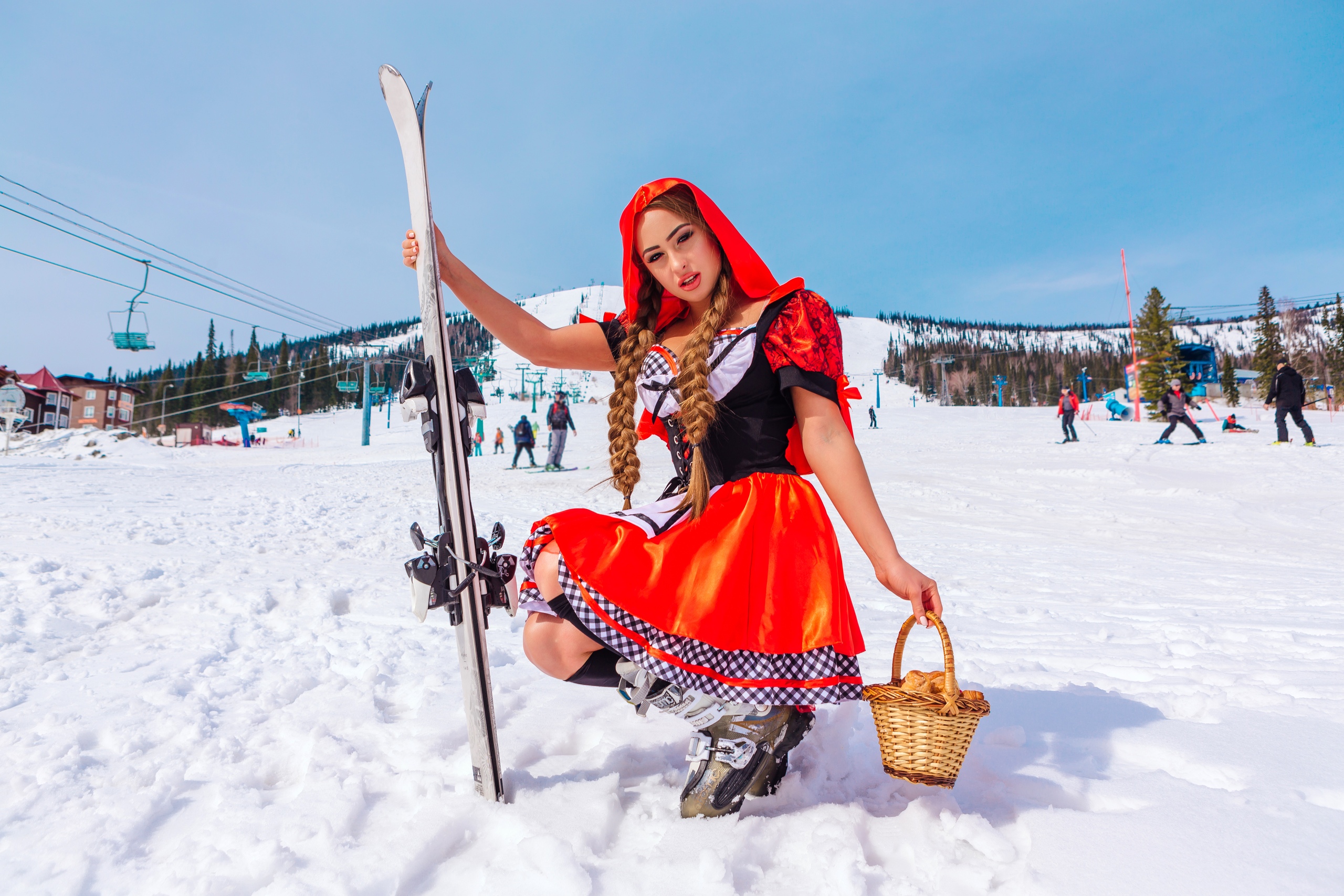 People 2560x1707 women model brunette braids long hair looking at viewer portrait squatting skis dress baskets sweets croissants people ski lift sky clear sky snow Little Red Riding Hood