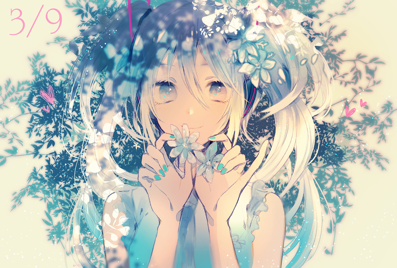 Anime 1364x922 anime anime girls numbers face flowers flower in hair painted nails