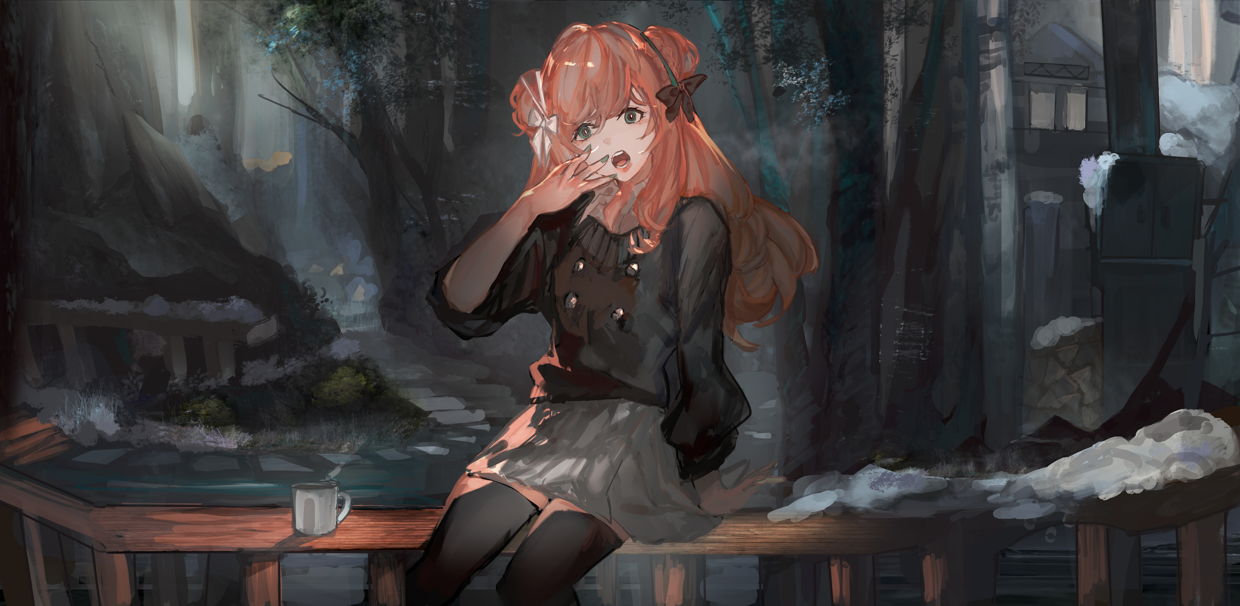 Anime 4133x2020 anime anime girls sitting redhead cup long hair open mouth green eyes painted nails