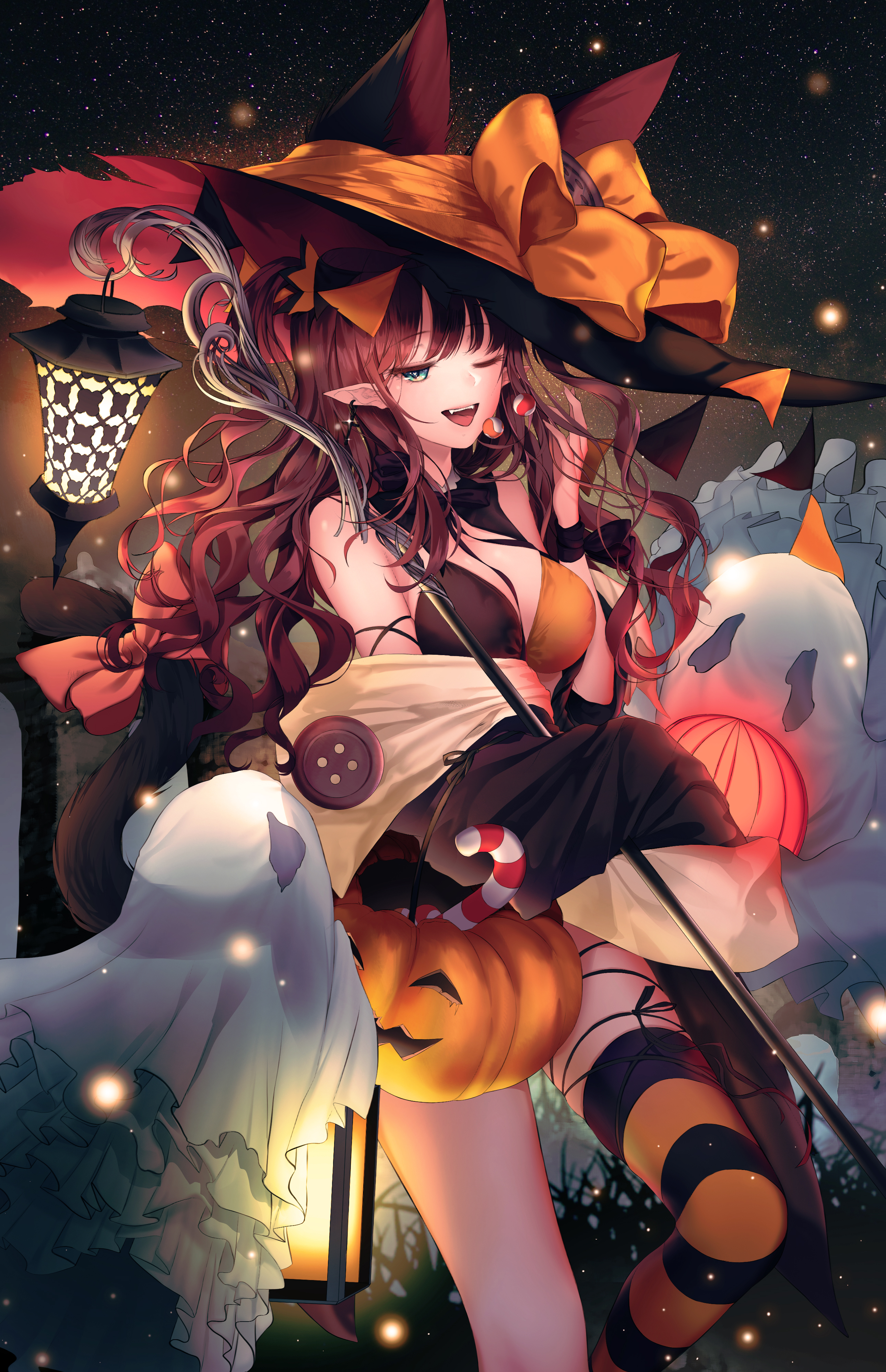 Anime 2583x4000 Halloween witch hat cleavage pointy ears tail thigh-highs anime girls anime pumpkin big boobs