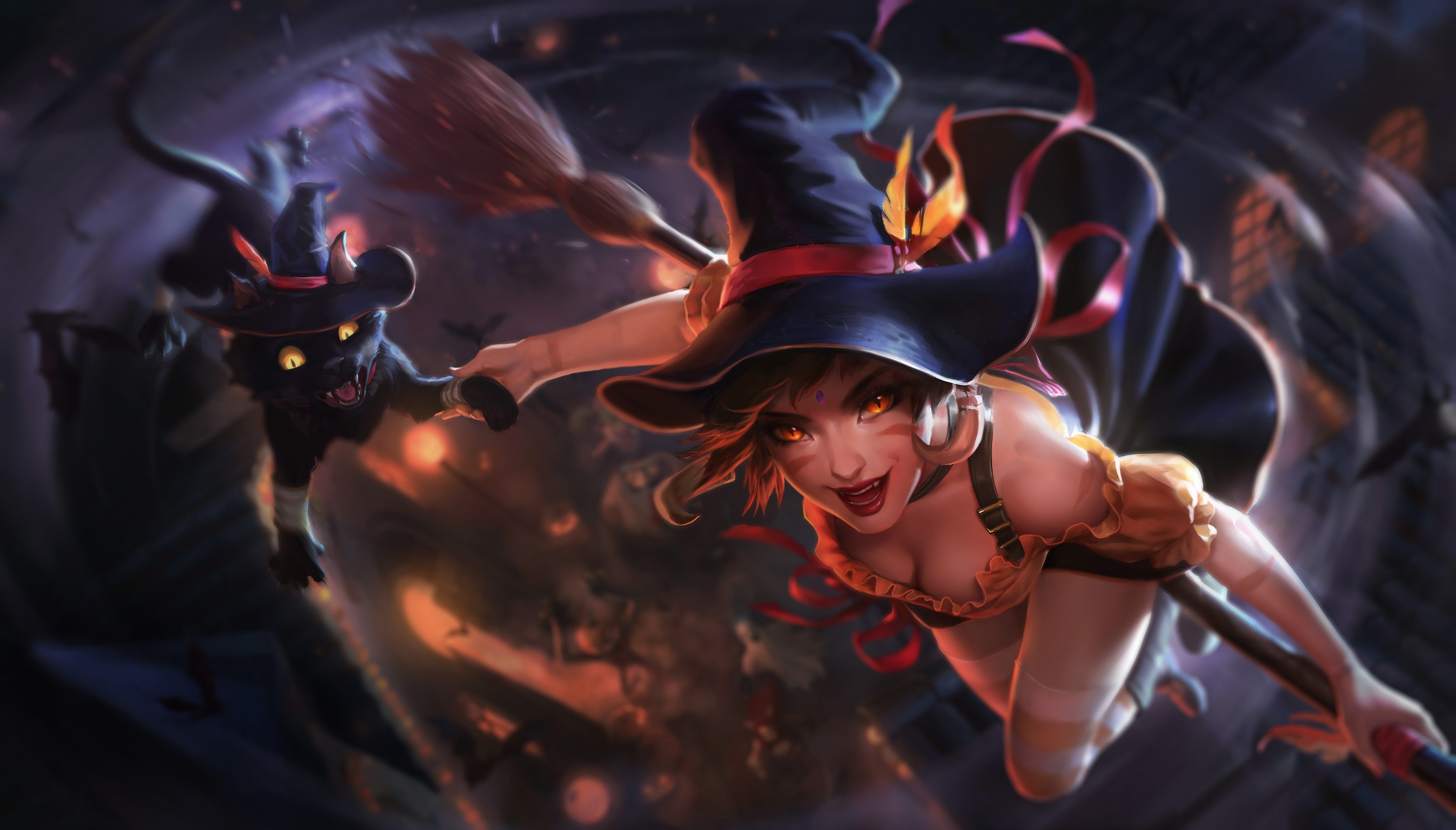 Anime 5000x2850 Halloween witch hat hat witch cleavage League of Legends thigh-highs heels lolita fashion see-through clothing wings weapon anime girls anime fantasy girl Janna (League of Legends)