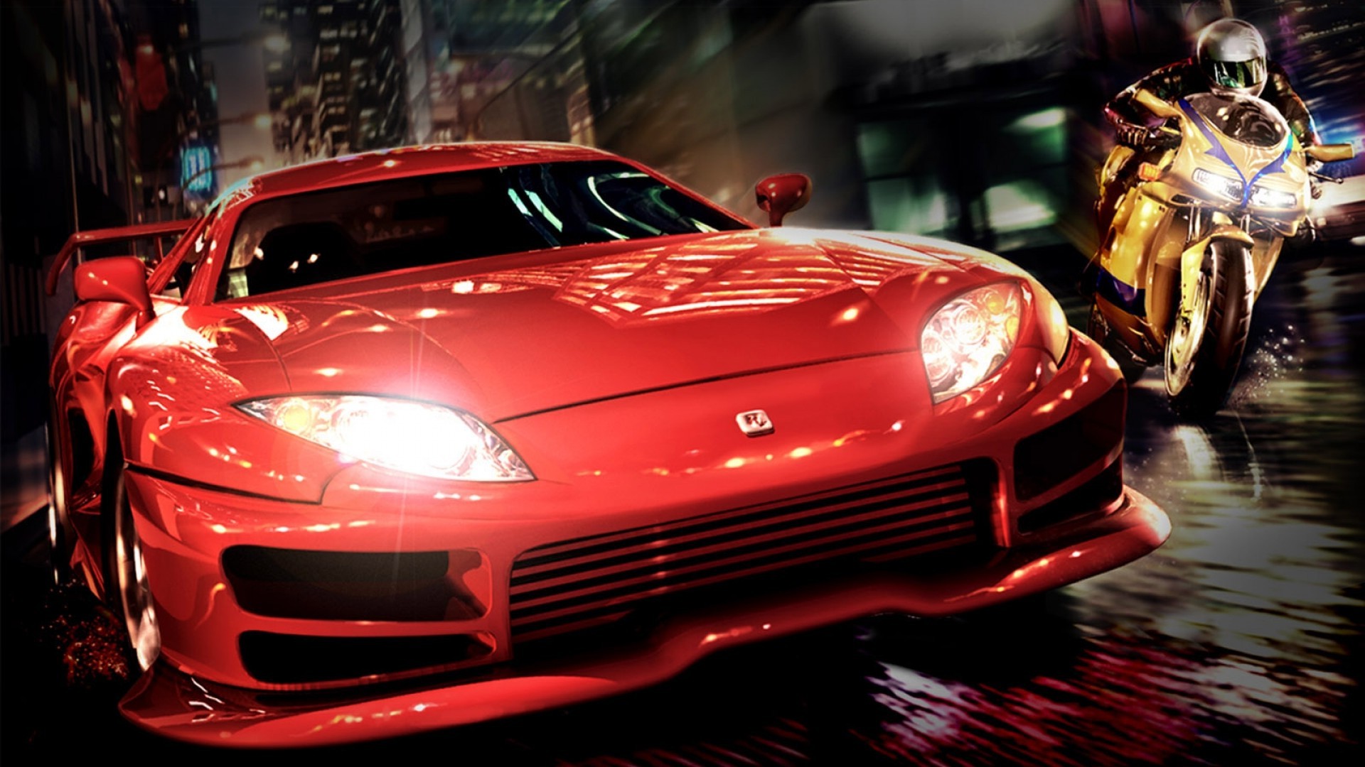 General 1920x1080 city night Toyota Supra car video games red cars motorcycle vehicle Midnight Club 2