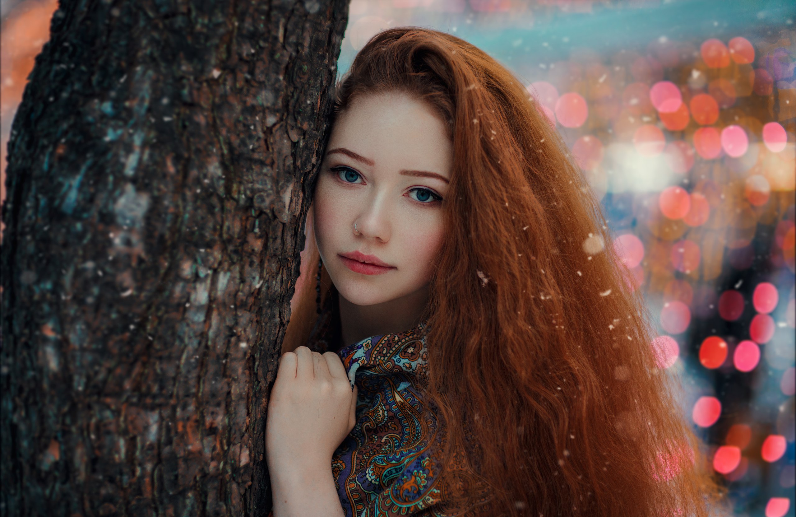 People 2560x1662 Hakan Erenler women model portrait outdoors looking at viewer depth of field redhead long hair nose ring trees blue eyes women outdoors lights