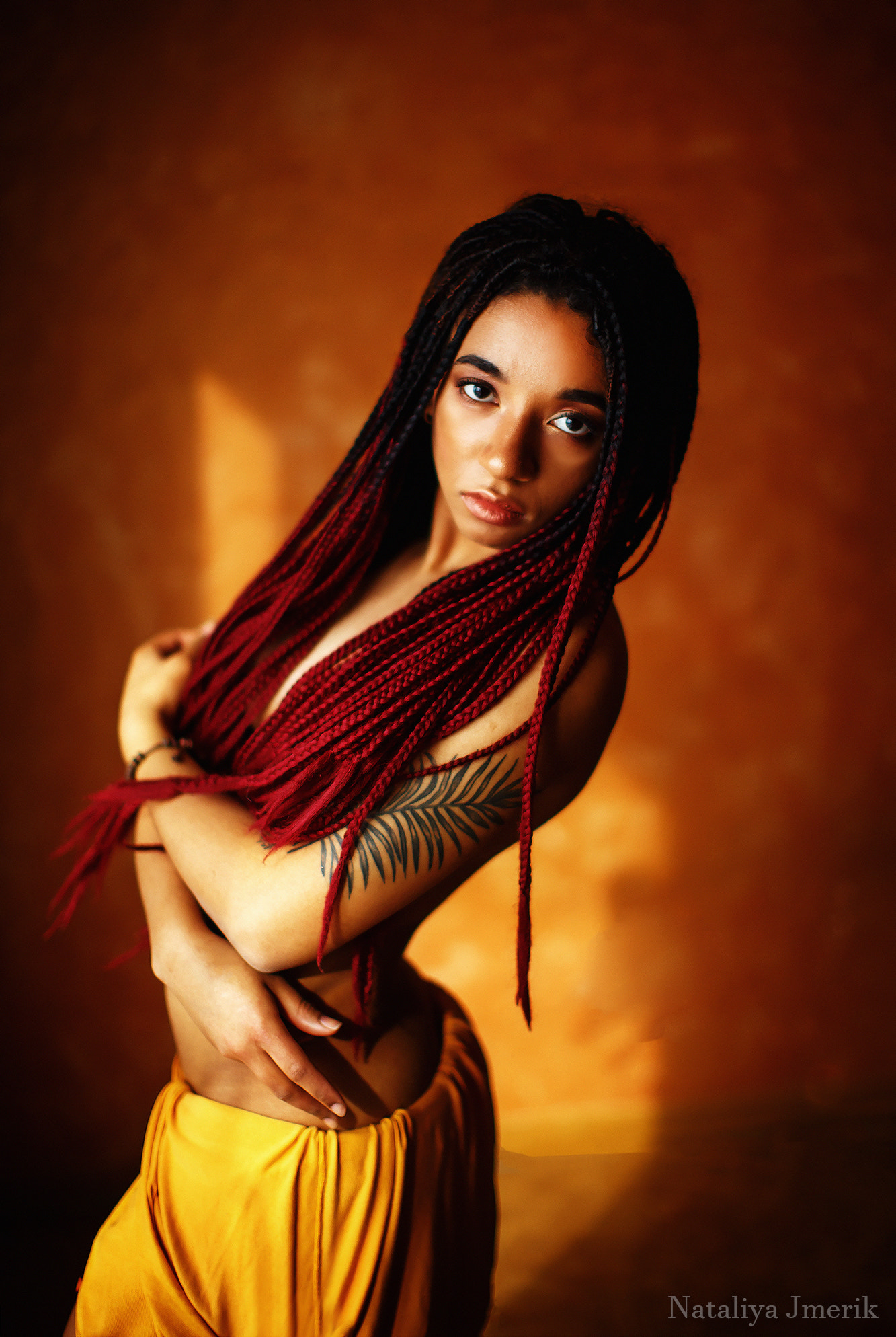 People 1333x1988 women model 500px tattoo braids dark skin topless strategic covering portrait display Nataliya Jmerik watermarked