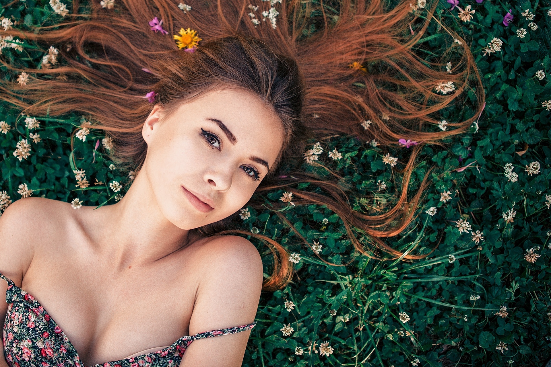 People 1920x1280 women model portrait cleavage brunette brown eyes lying on back lying down summer  dress flower in hair bare shoulders pale top view looking at viewer hair spread out