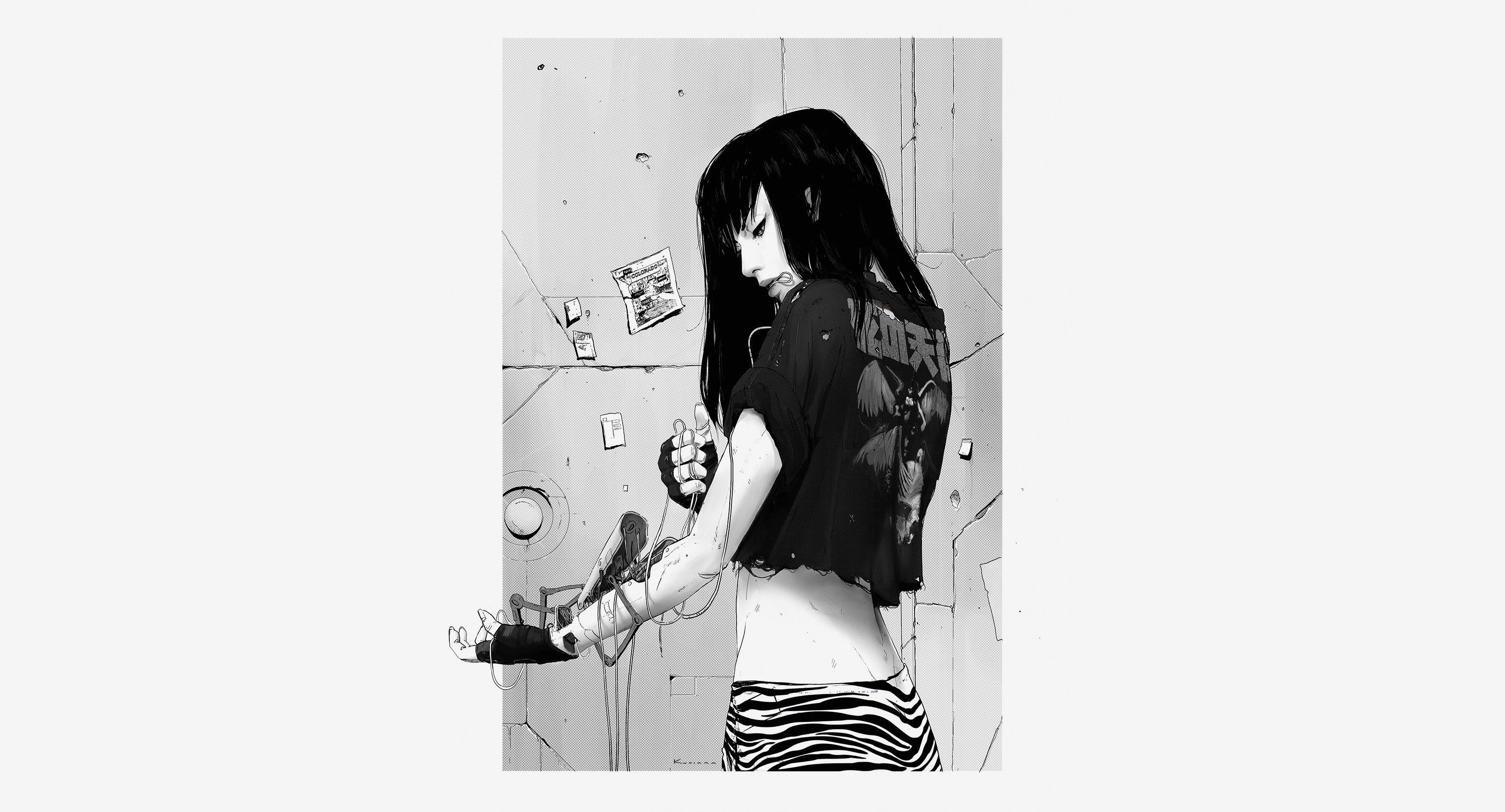 General 3500x1890 women artwork cyberpunk cyborg monochrome digital art simple background