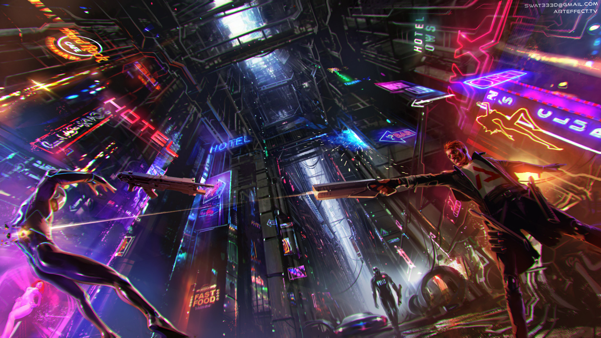 General 1920x1080 artwork digital art concept art cyberpunk science fiction futuristic neon futuristic city men