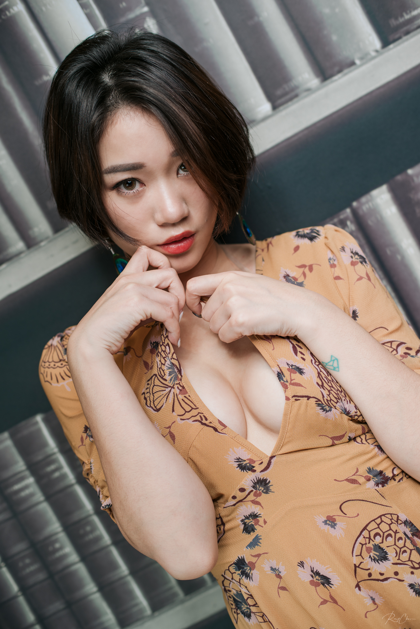 People 1367x2048 women model Asian brunette short hair portrait indoors looking at viewer dress cleavage contact lenses women indoors Ray Chen