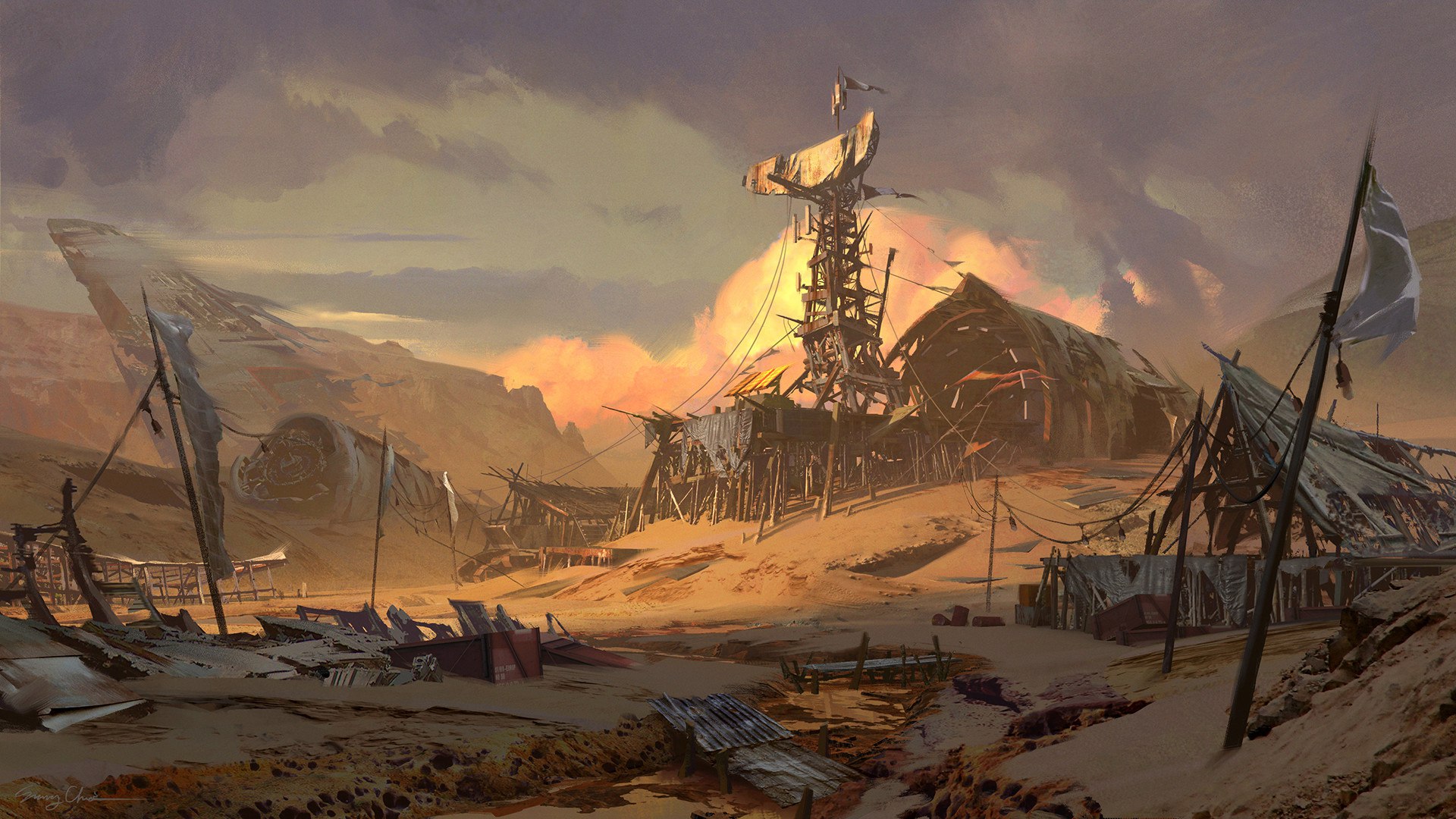 General 1920x1080 digital art fantasy art futuristic science fiction desert satellite apocalyptic