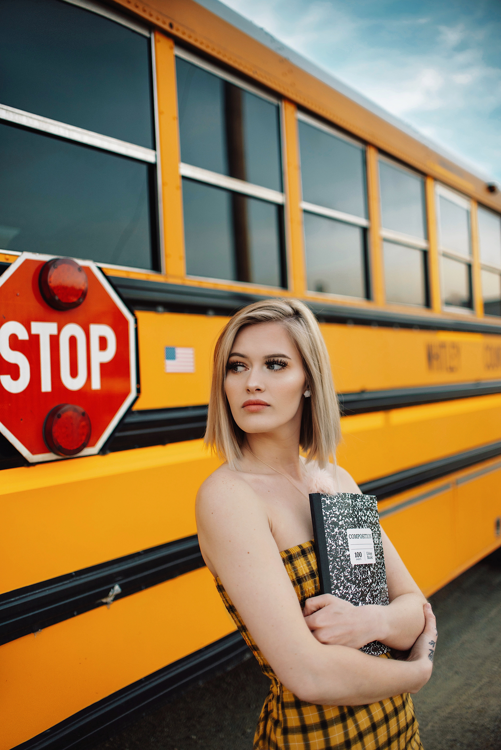 People 1920x2876 women women outdoors vehicle sign blonde makeup buses school bus portrait display