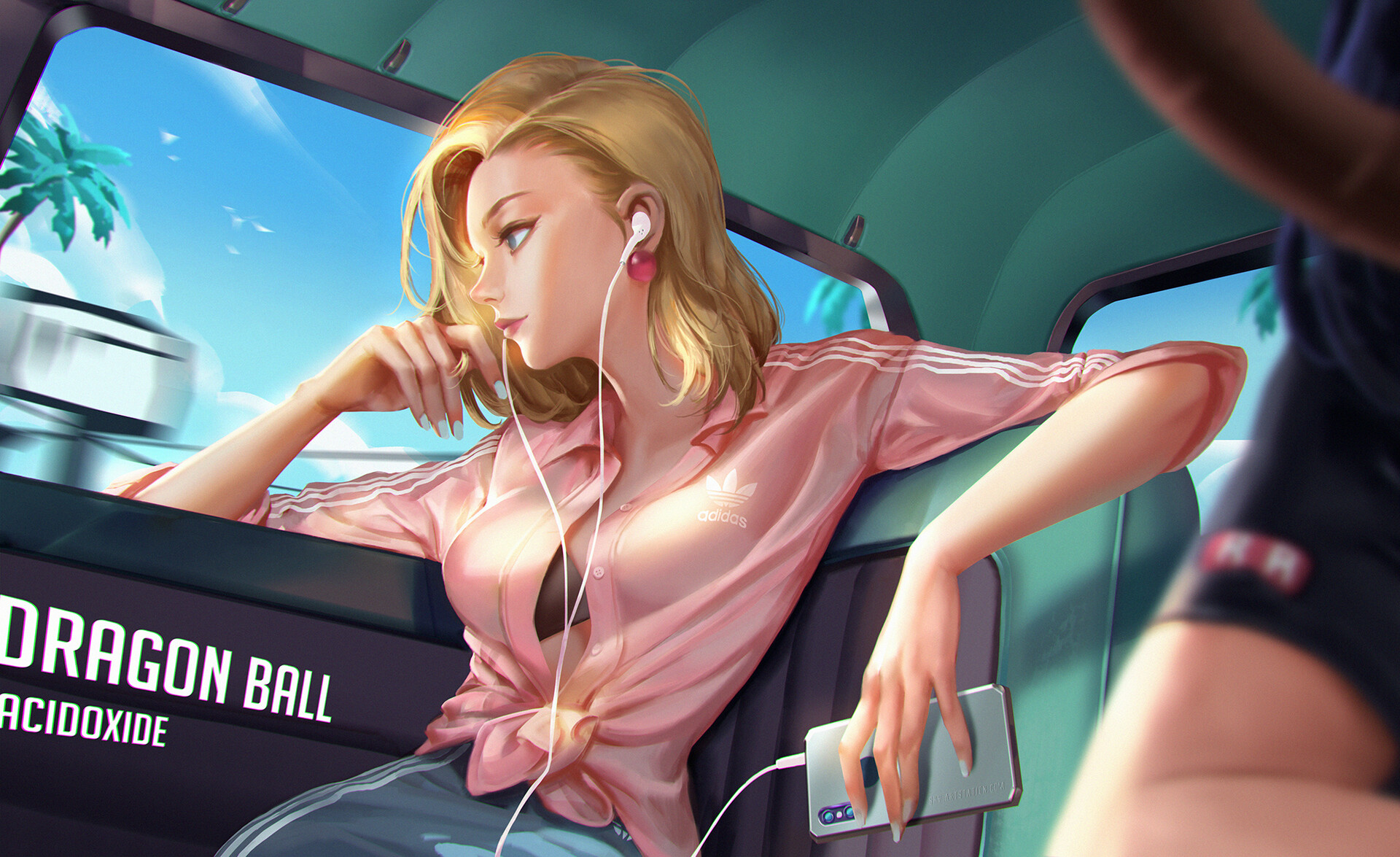 General 1920x1175 Dragon Ball blonde fan art Adidas Android 18 anime girls blue eyes smartphone low-angle profile earphones car