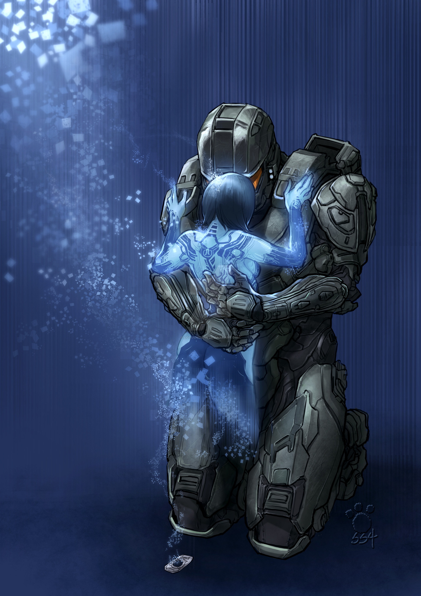 General 1600x2263 Halo (game) Halo 4 video games video game art Spartan II short hair blue hair blue skin fantasy armor soldier 343 Industries hugging portrait display fan art 2D Spartans (Halo) DeviantArt science fiction Master Chief (Halo) Cortana (Halo) video game characters