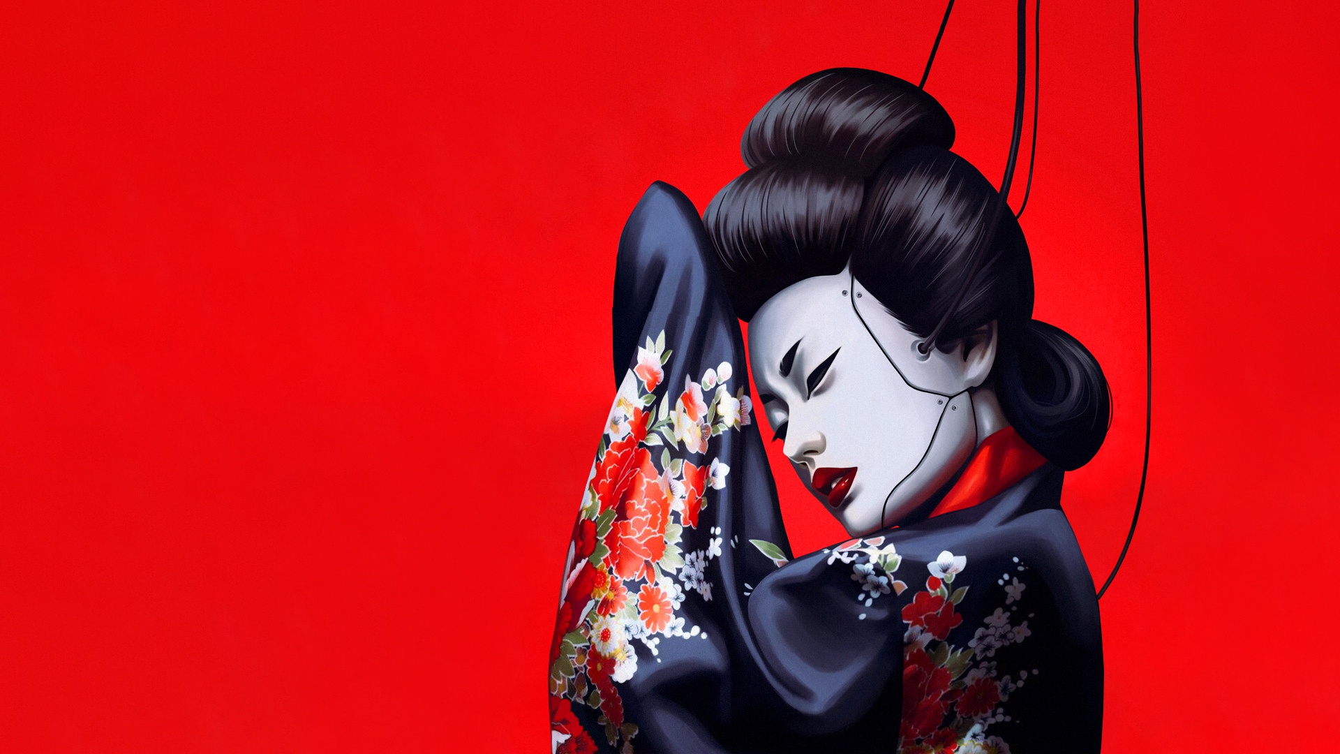 General 1920x1080 Asian red background futuristic artwork face simple background dark hair geisha red