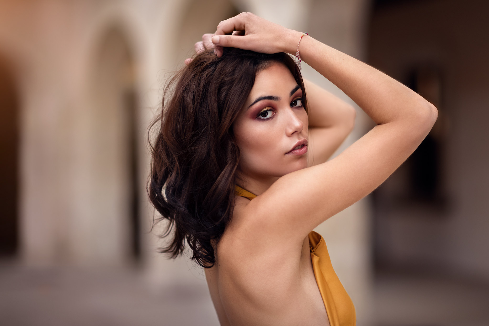 People 2048x1367 women portrait model brunette brown eyes open mouth red lipstick yellow tops side view profile depth of field José Callejón closeup arms up