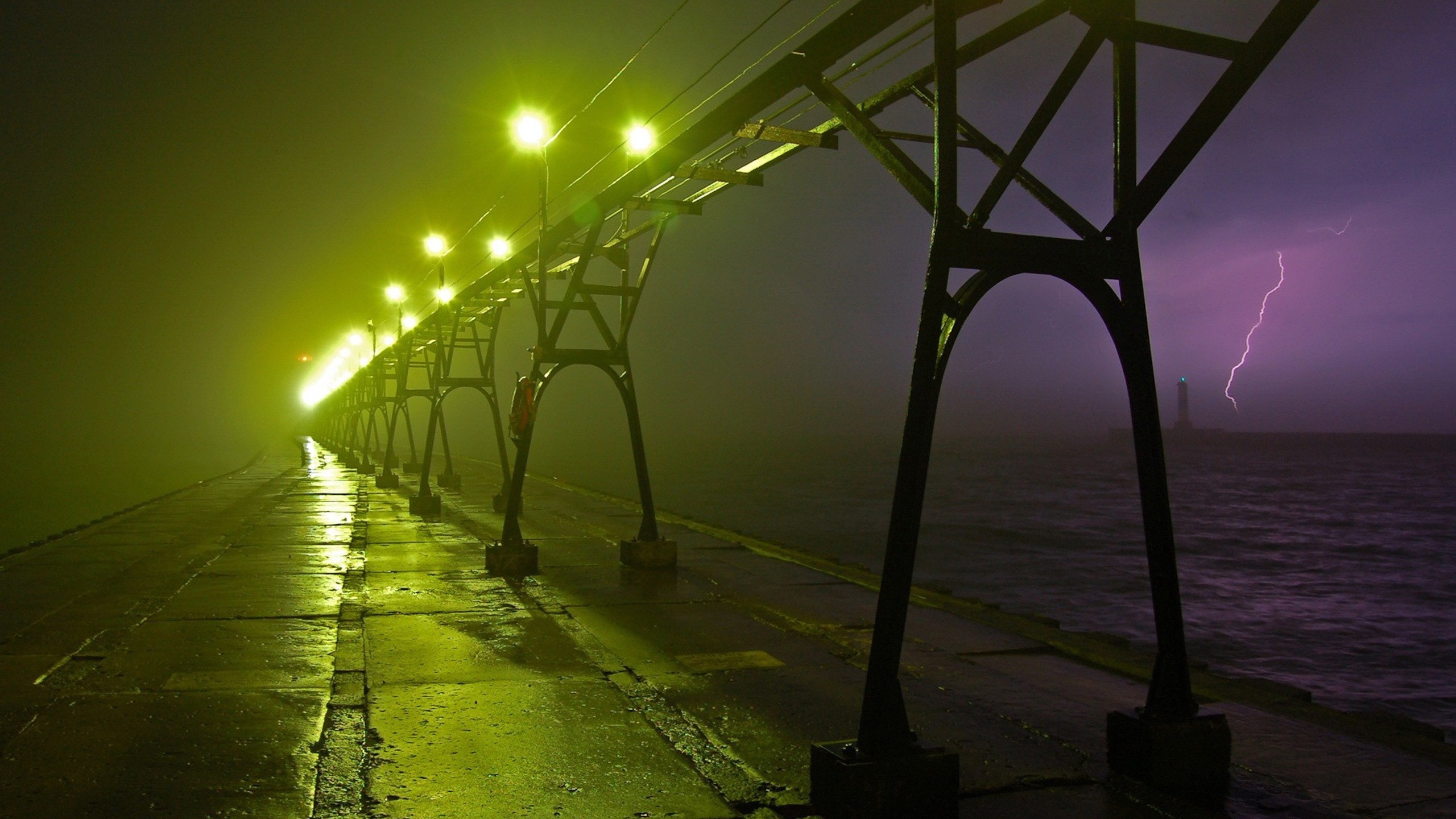 General 2560x1440 bridge night lights road rain lightning sea tracks railway sky Tower Bridge