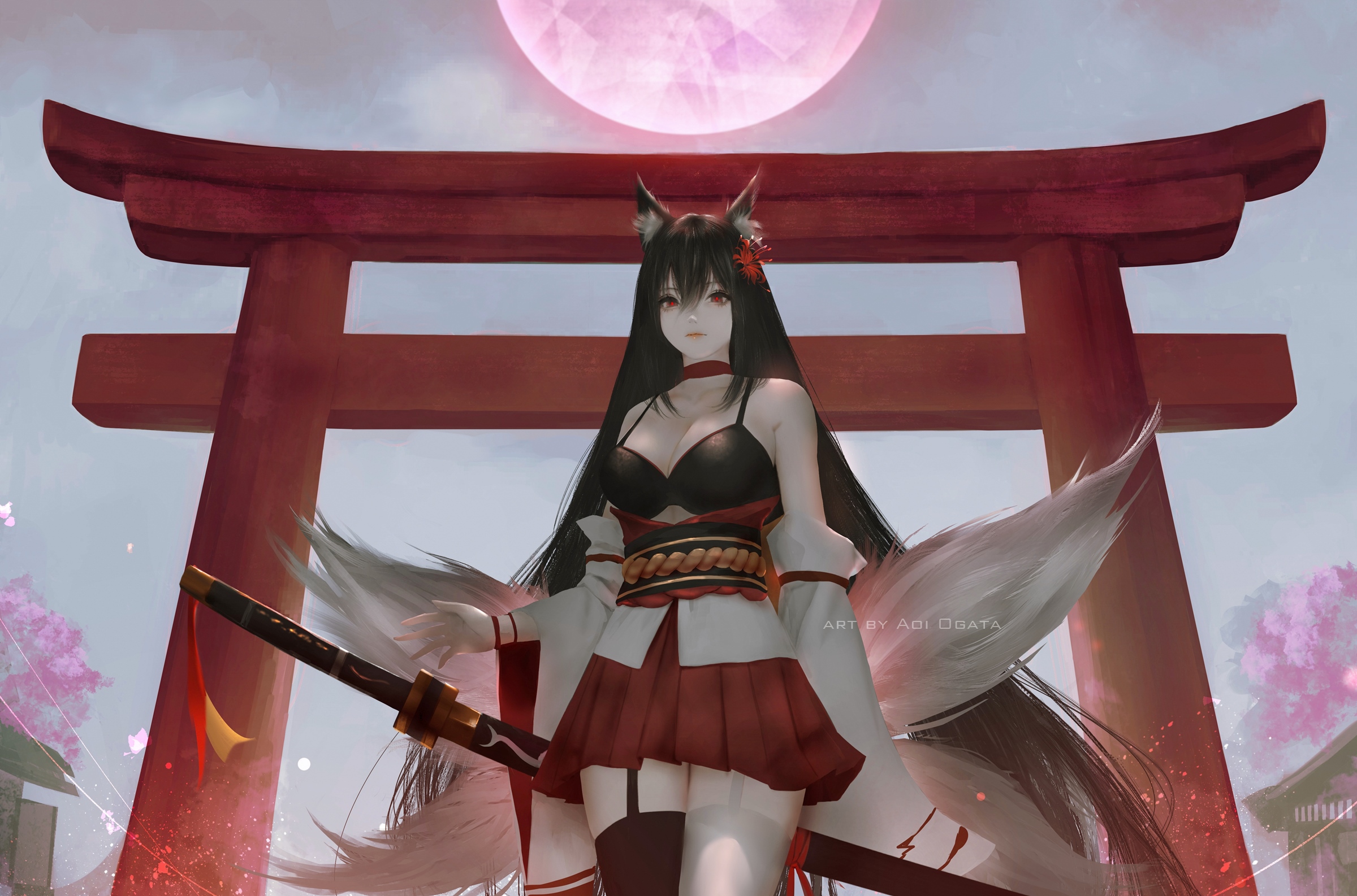 Anime 2400x1586 anime girls anime original characters fantasy girl fox girl brunette long hair fox ears tail dress detached sleeves thigh-highs katana weapon necklace looking at viewer red eyes torii moonlight sky artwork digital art drawing Aoi Ogata watermarked stockings garter straps