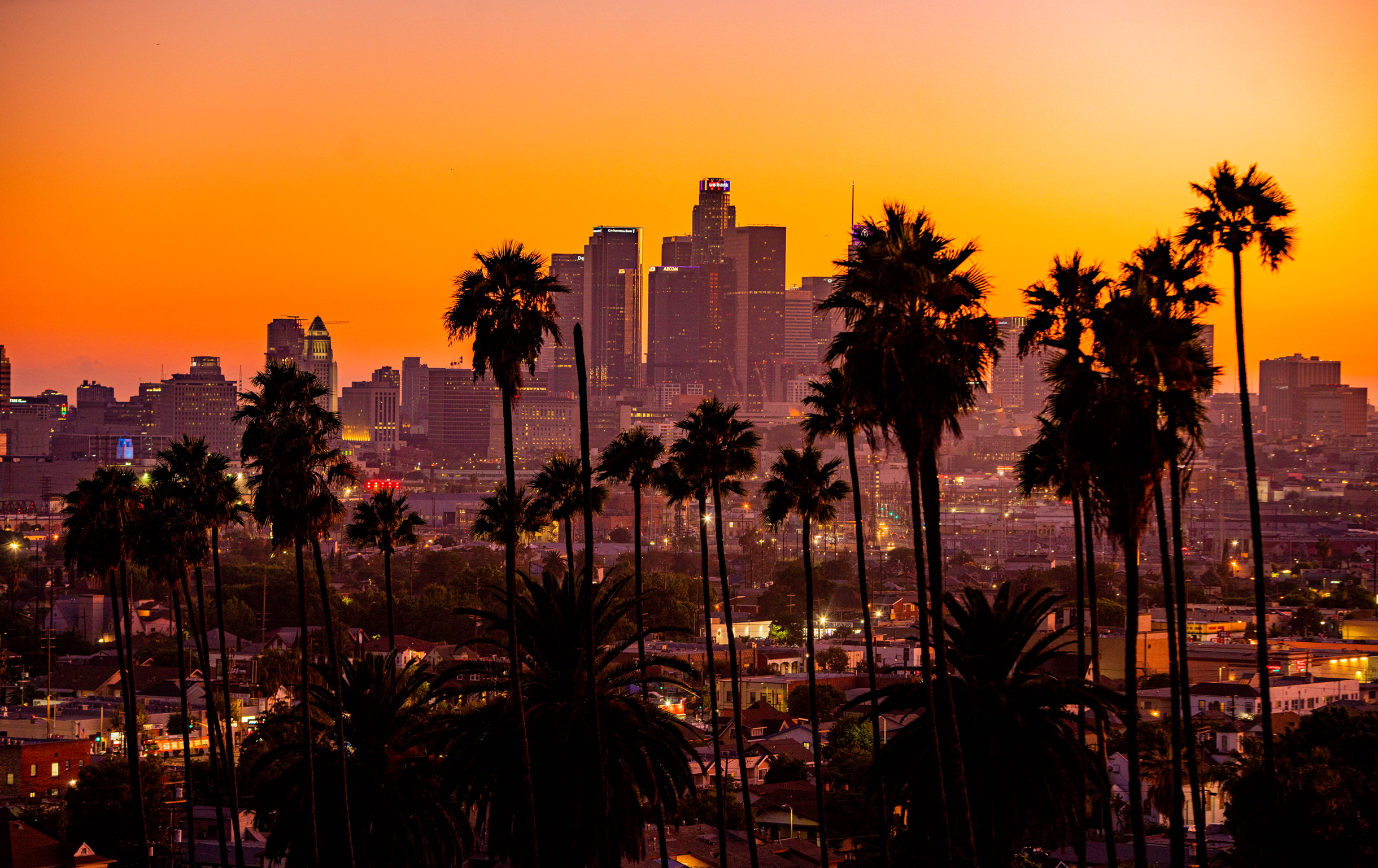 General 2440x1537 city palm trees sunset building skyscraper Los Angeles landscape orange sky
