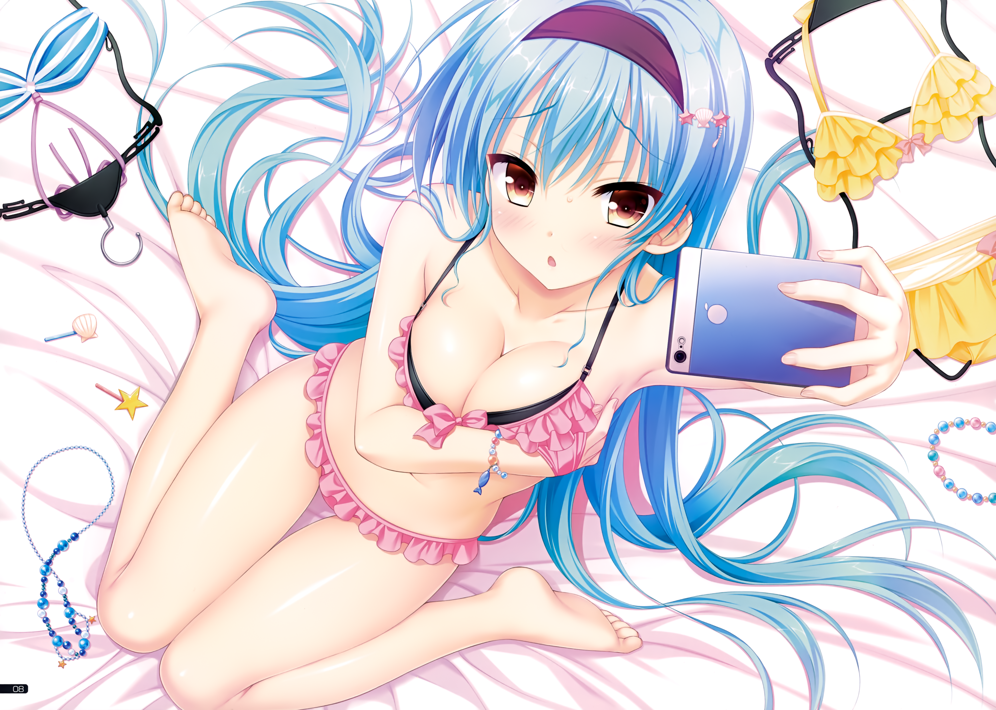 Anime 3486x2487 hontani kanae blue hair cleavage bed long hair blushing headband barefoot red eyes bikini in bed selfies