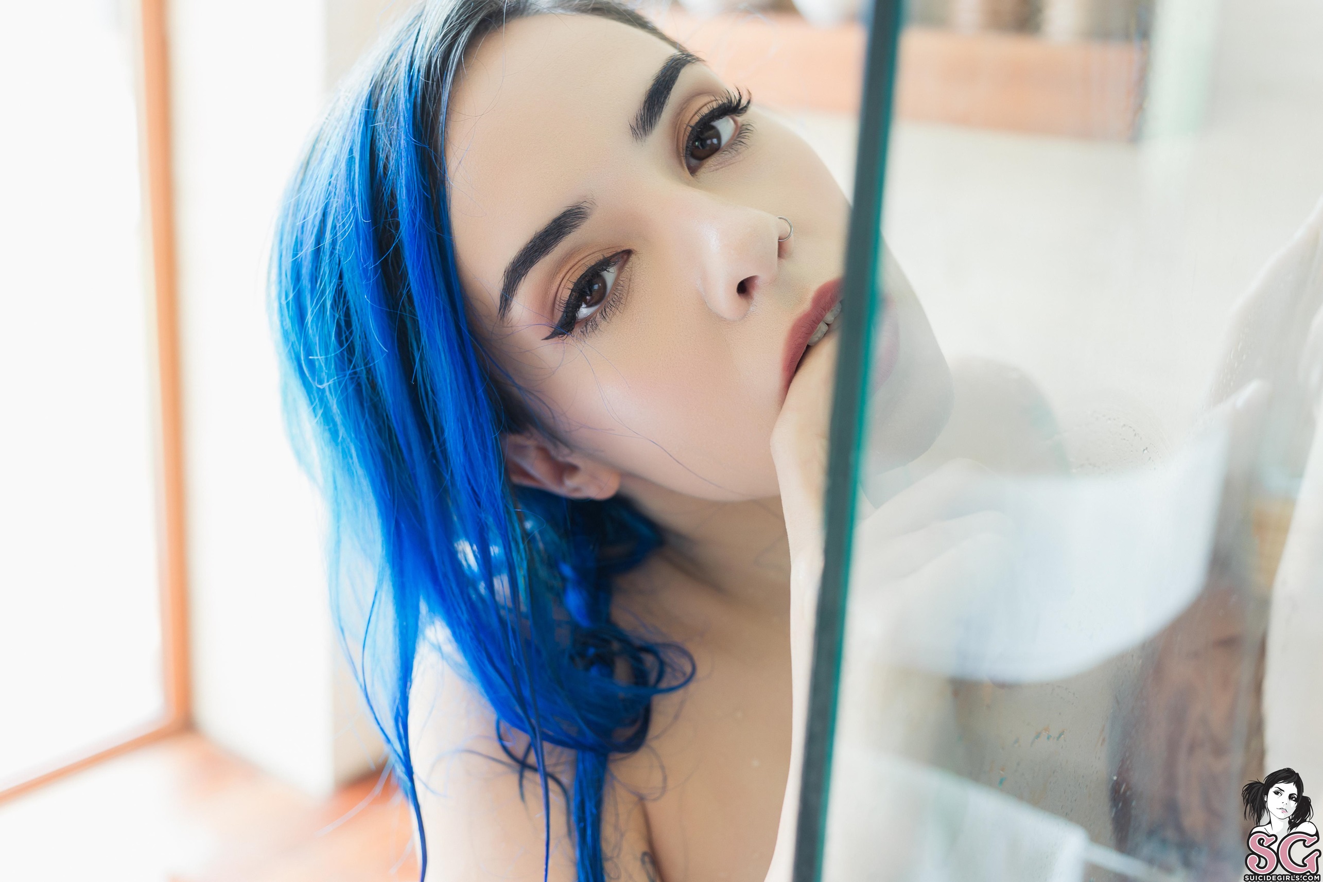 People 2570x1714 Saria Suicide dyed hair Suicide Girls women inked girls model tattoo women indoors face brown eyes depth of field closeup watermarked