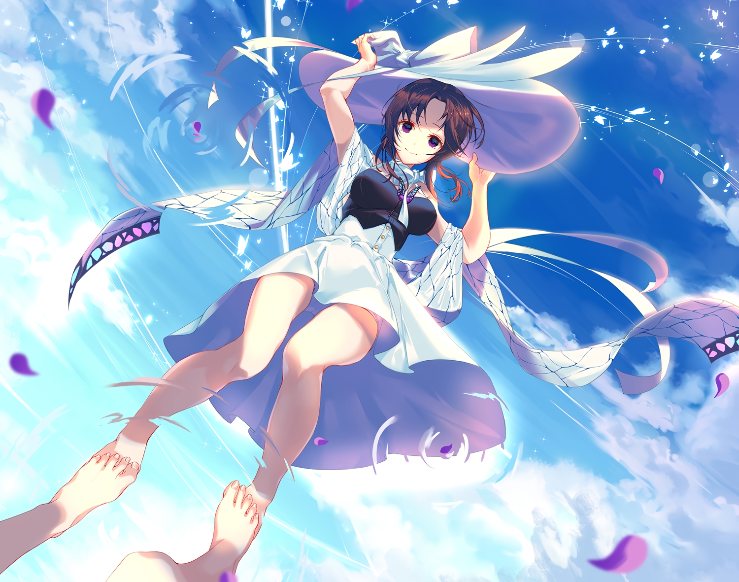 Anime 1500x1181 Kimetsu no Yaiba Kochou Shinobu dress hay petals short hair panties barefoot skirt upskirt purple eyes clouds butterfly water underwear