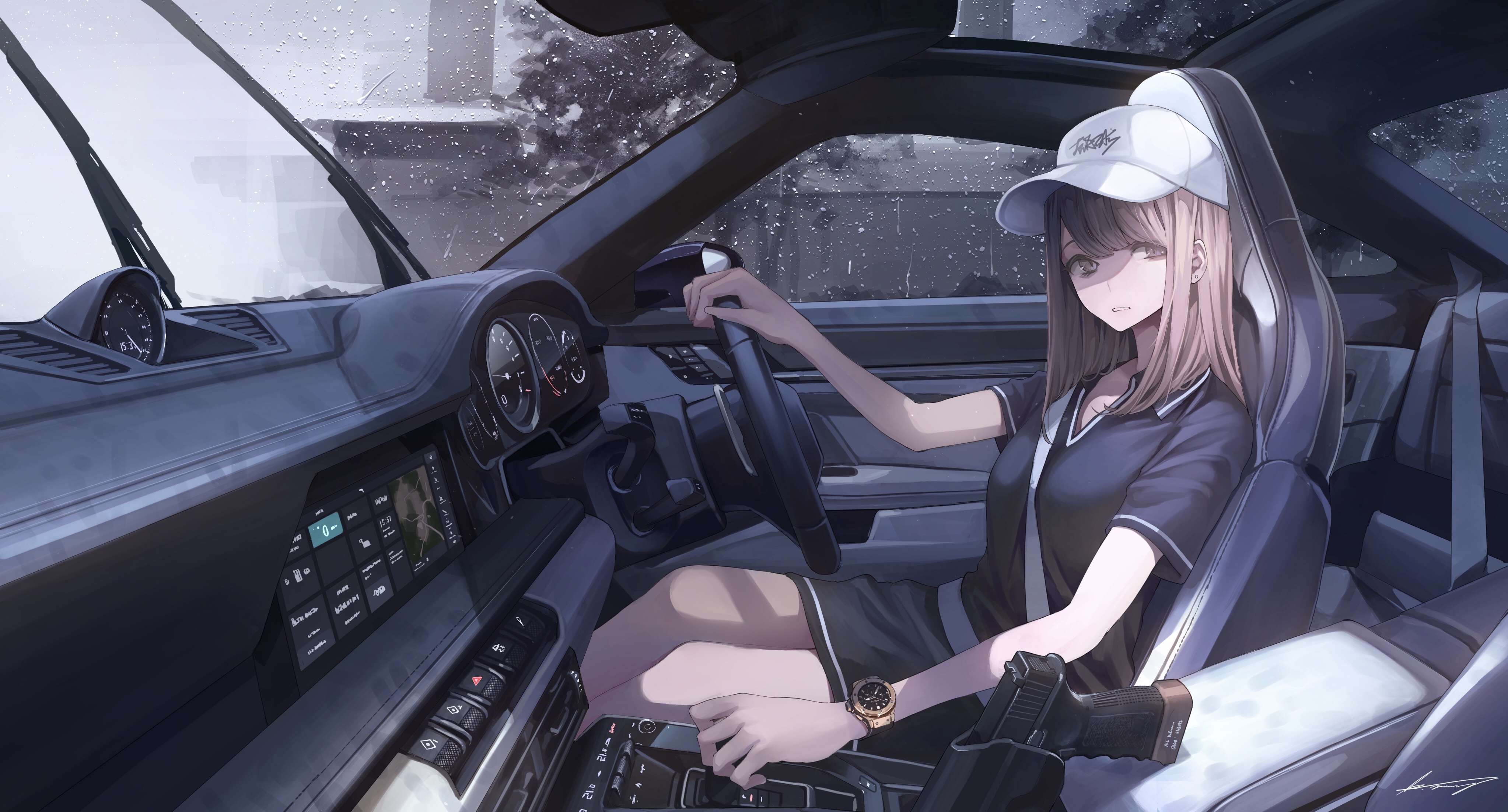 Anime 4093x2205 anime anime girls digital art artwork 2D portrait koh car interior gun brunette brown eyes baseball cap dress Porsche Porsche 911 driving