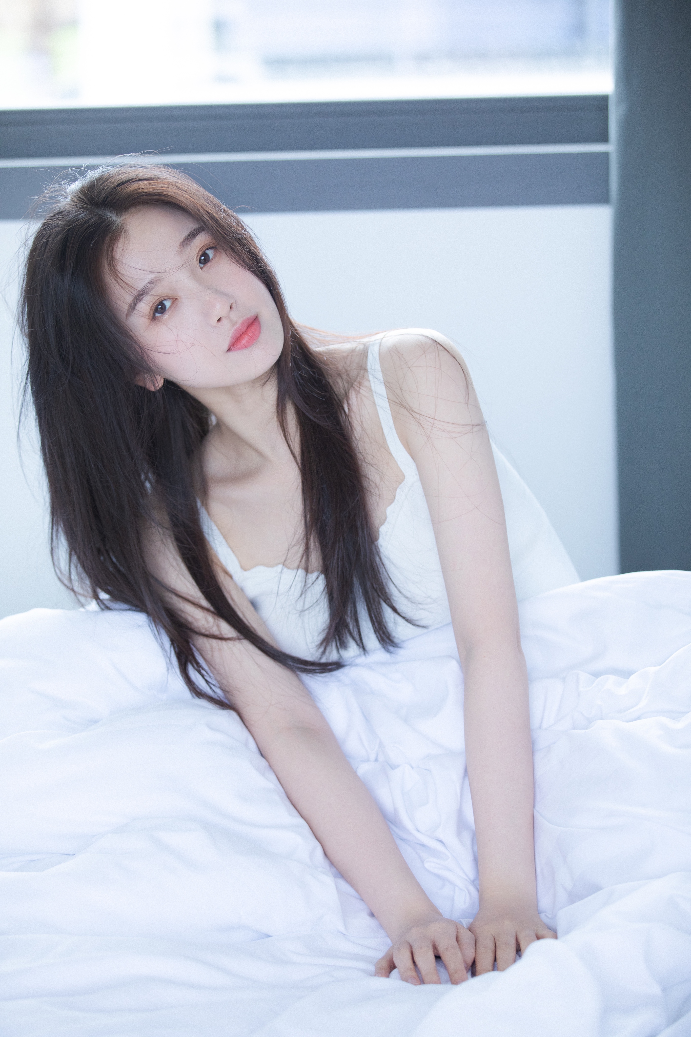 People 2730x4096 Chinese women indoors bare shoulders pale in bed white clothing black hair long hair window red lipstick lips looking at viewer women model brunette Asian portrait display