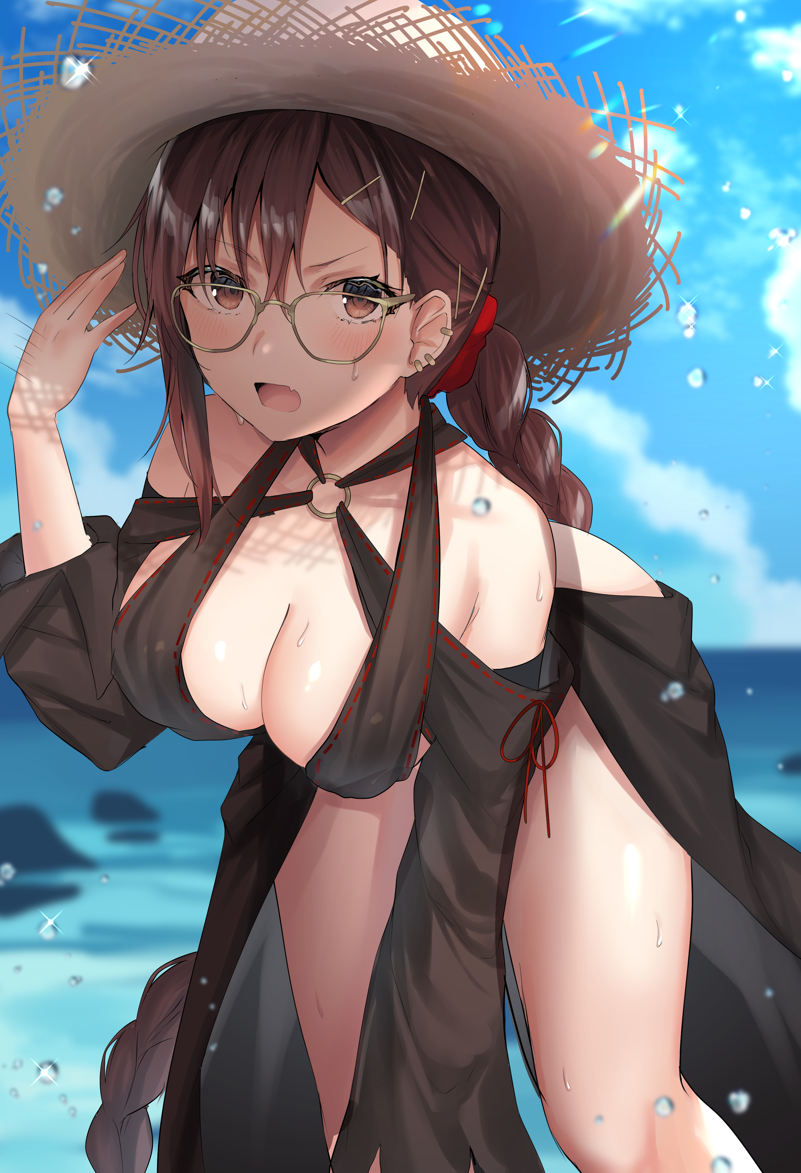 Anime 2764x4050 anime anime girls digital art artwork 2D portrait display Ssqseeker Fate series Fate/Grand Order Consort Yu (Fate/Grand Order) straw hat glasses brunette braids brown eyes blushing bent over cleavage