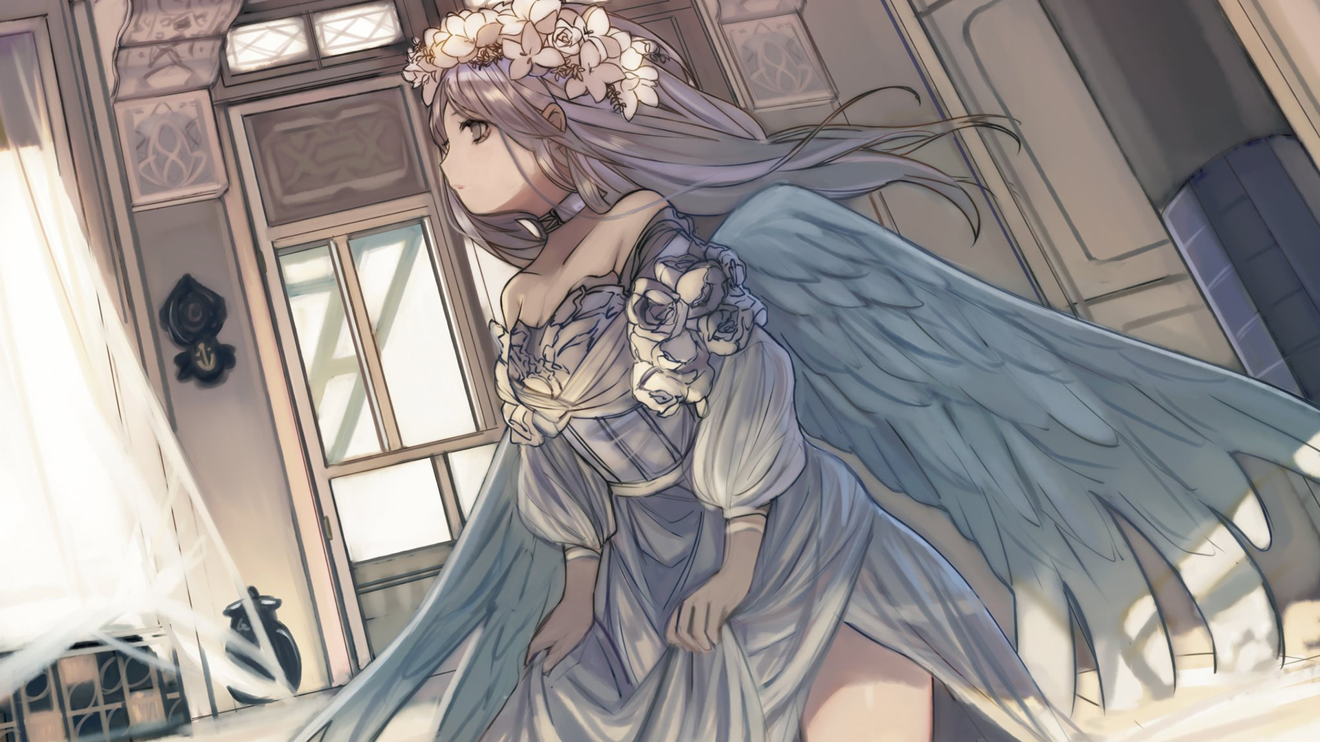 Anime 1920x1080 flowers wings dress gray hair anime