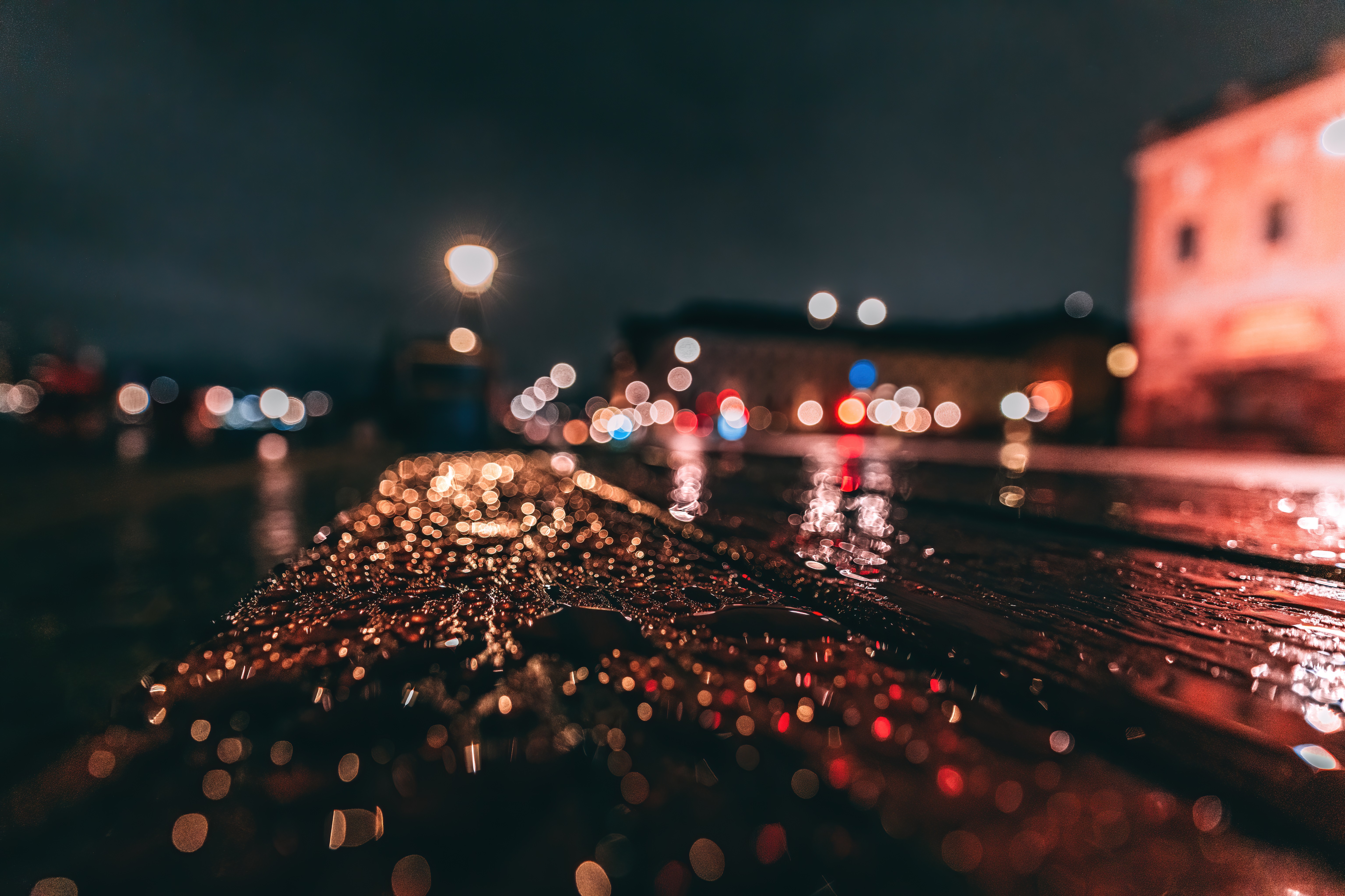 depth of field, town, wet, bench, water drops, photography, night, lights,  blurred | 6144x4096 Wallpaper 